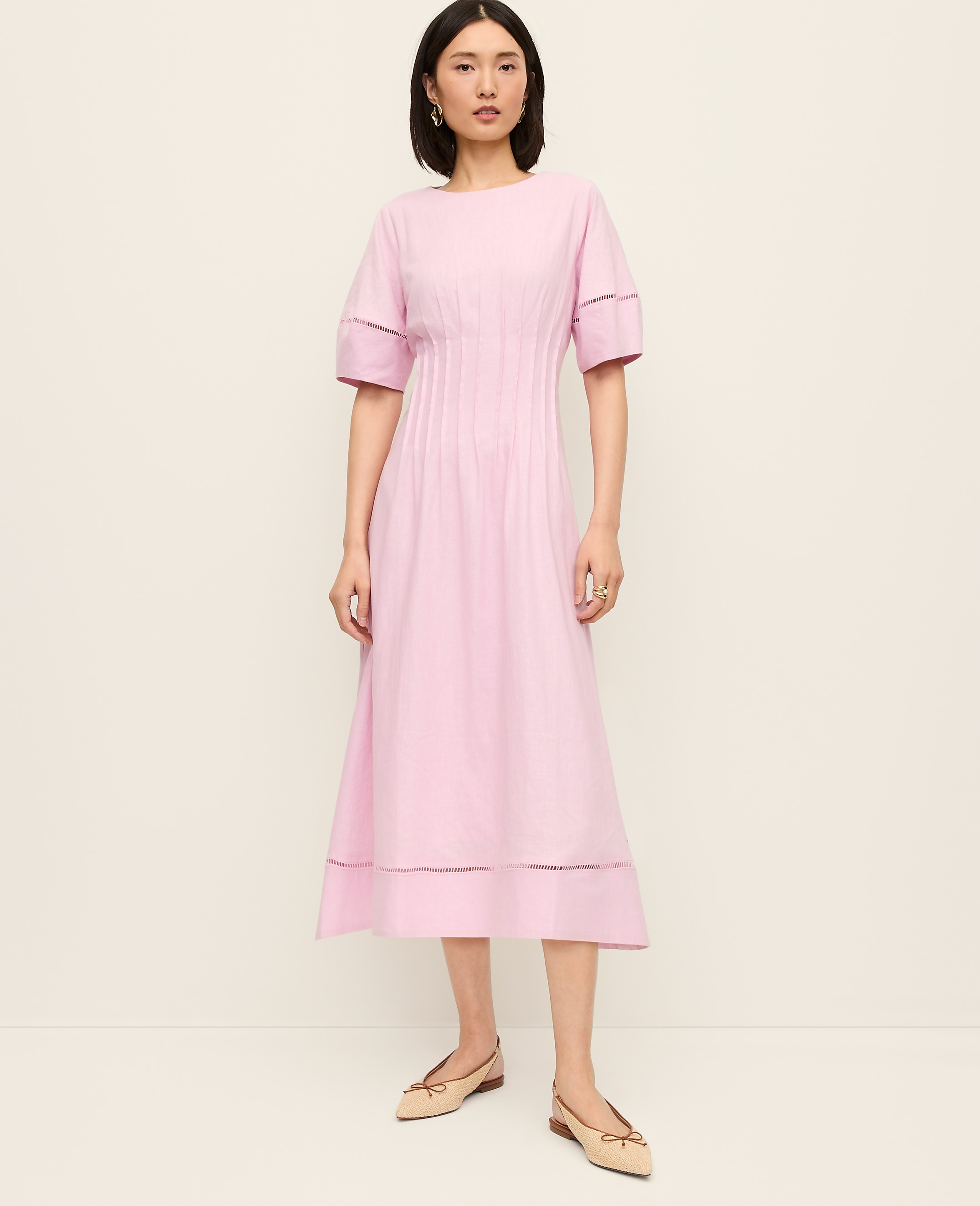Petite Pintuck Linen Blend Midi Dress