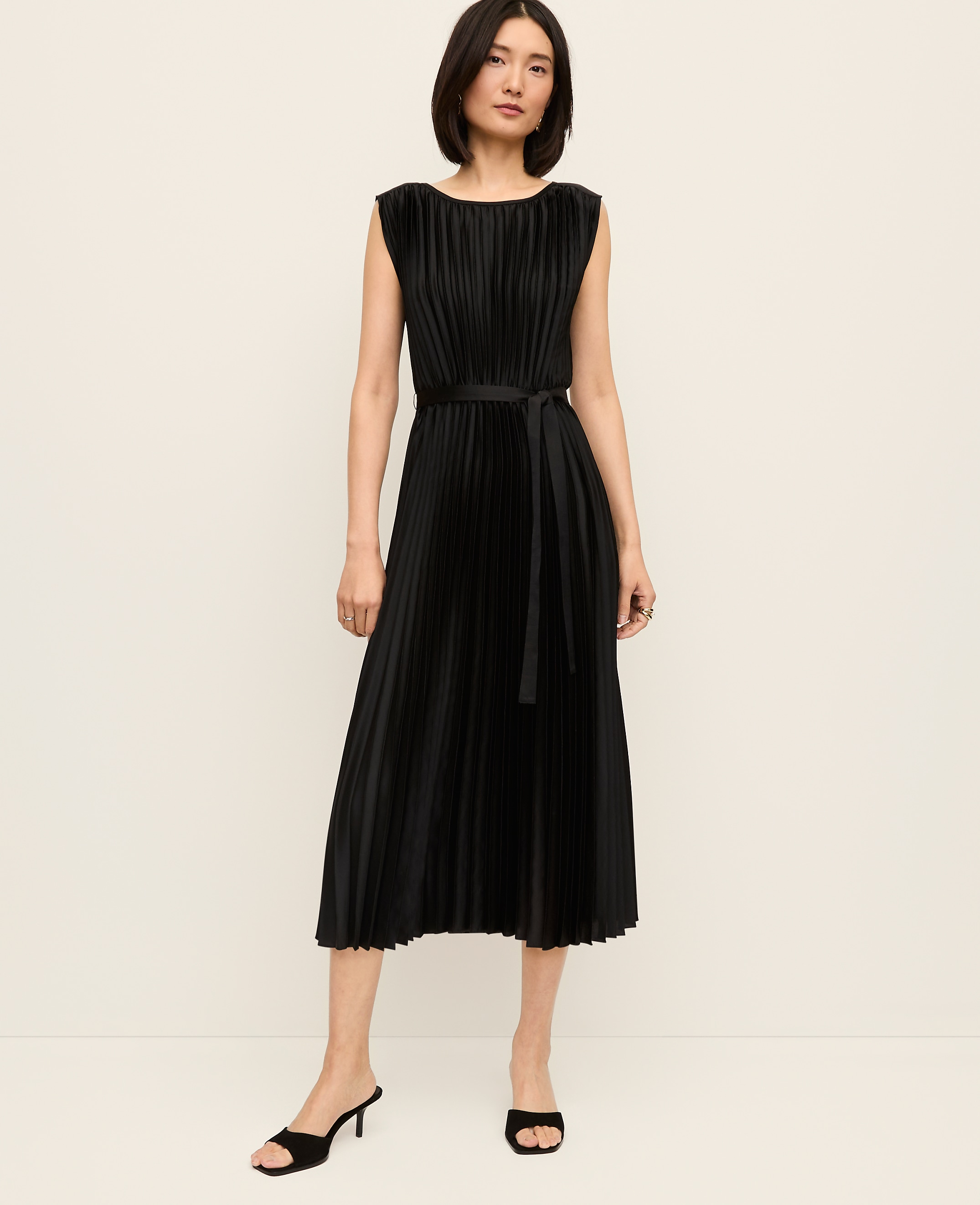 Pleated Satin Midi Dress