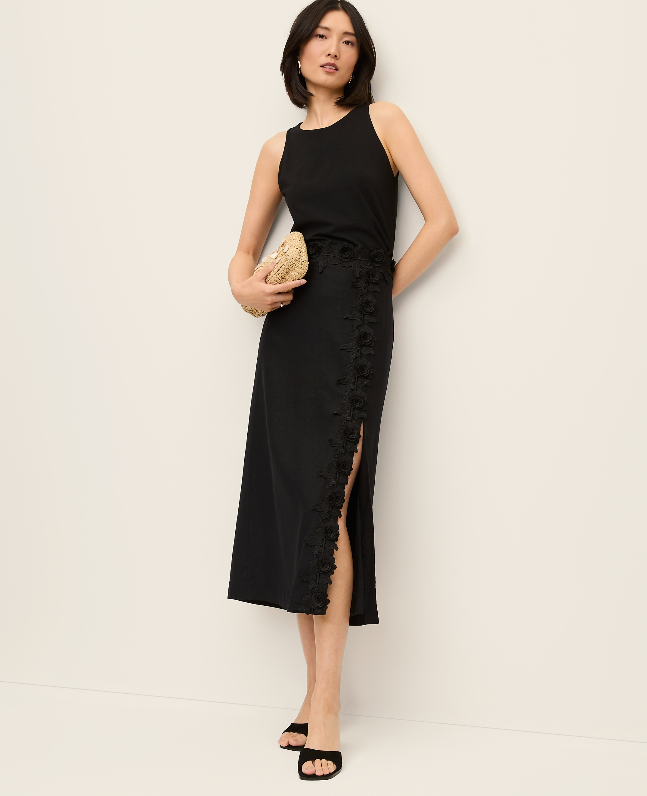 Lace Trim Linen Blend Midi Skirt