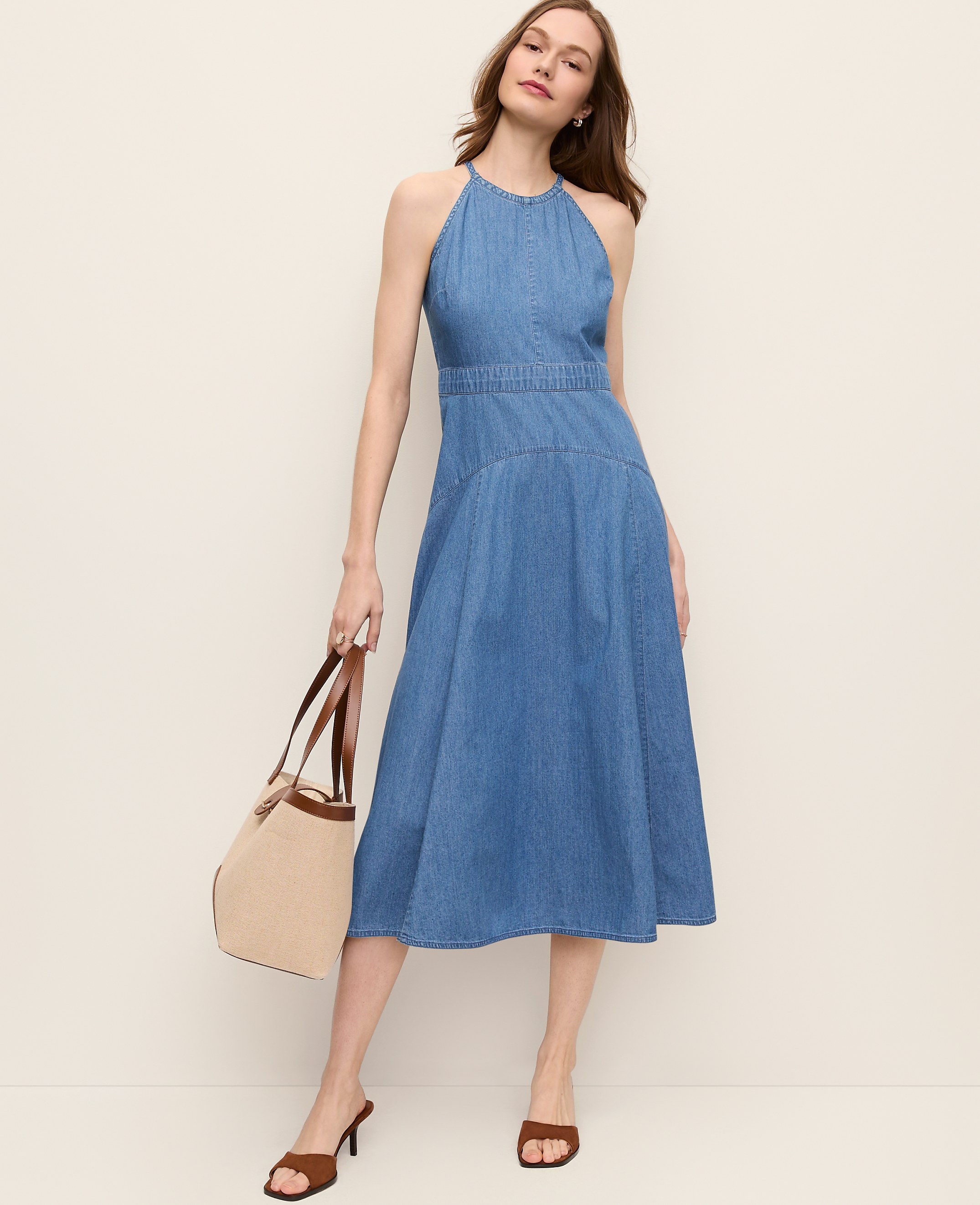 Petite Halter Flare Midi Dress in Chambray