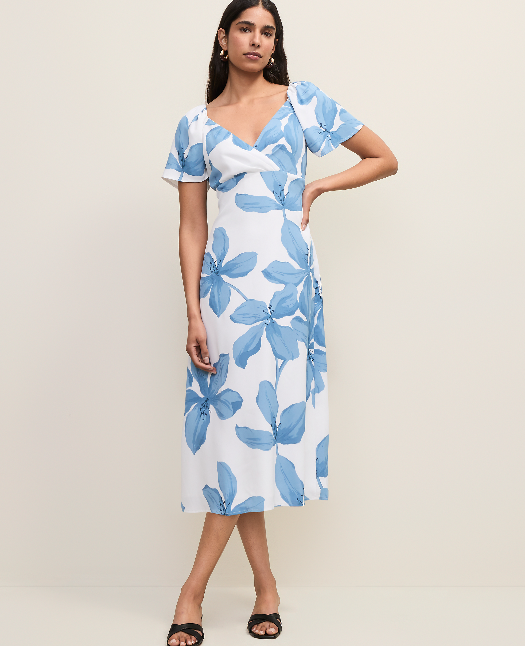 Floral Shirred Flare Midi Dress