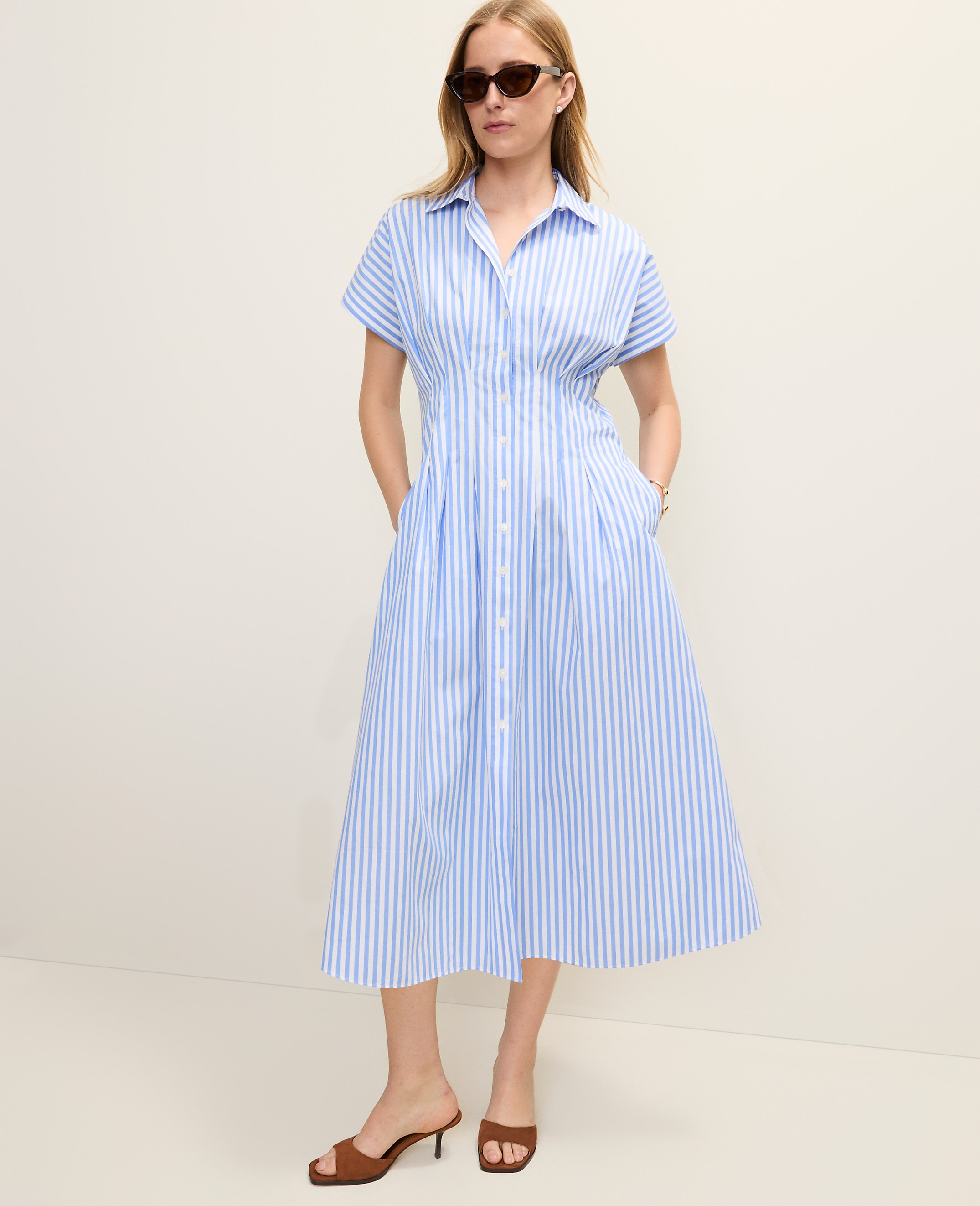 Petite Weekend Striped Pleated Midi Shirtdress