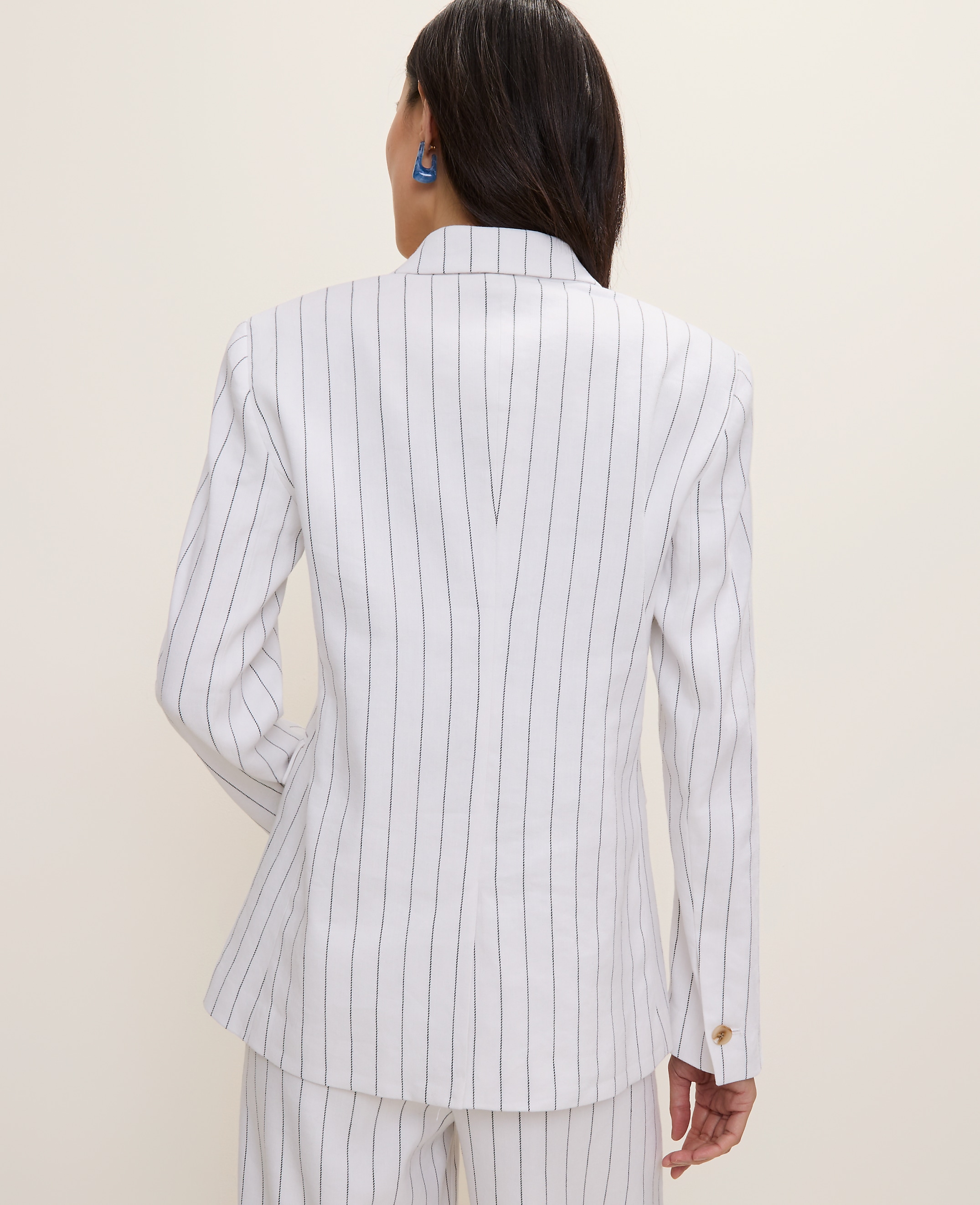 The Pinstripe Long One Button Blazer in Linen Blend - thumbnail 3