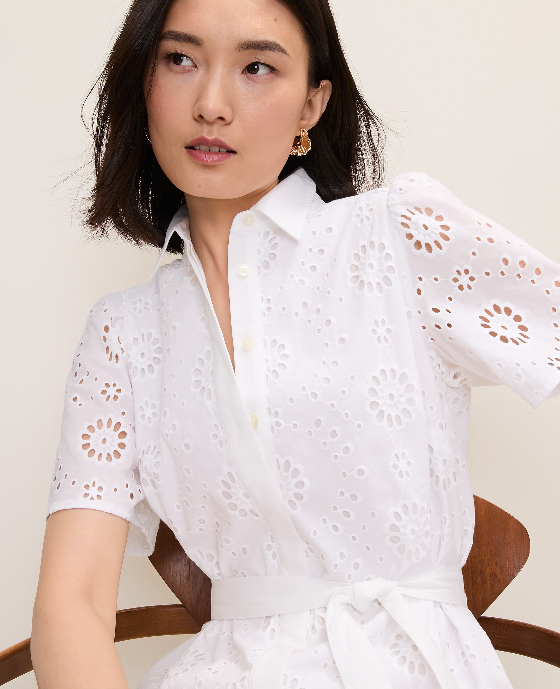 Petite Eyelet Collared Midi Shirtdress