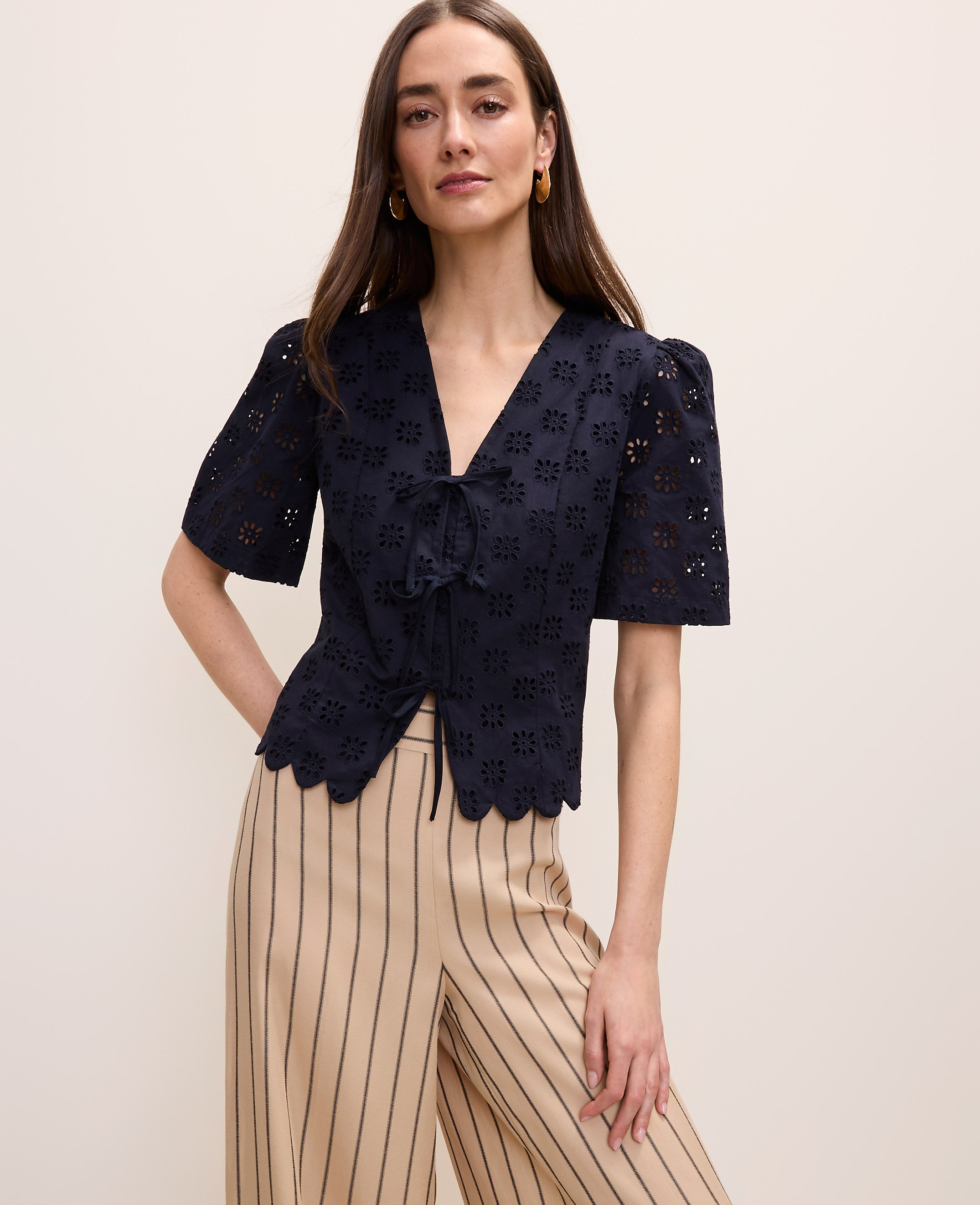 Petite Eyelet Tie Front Blouse