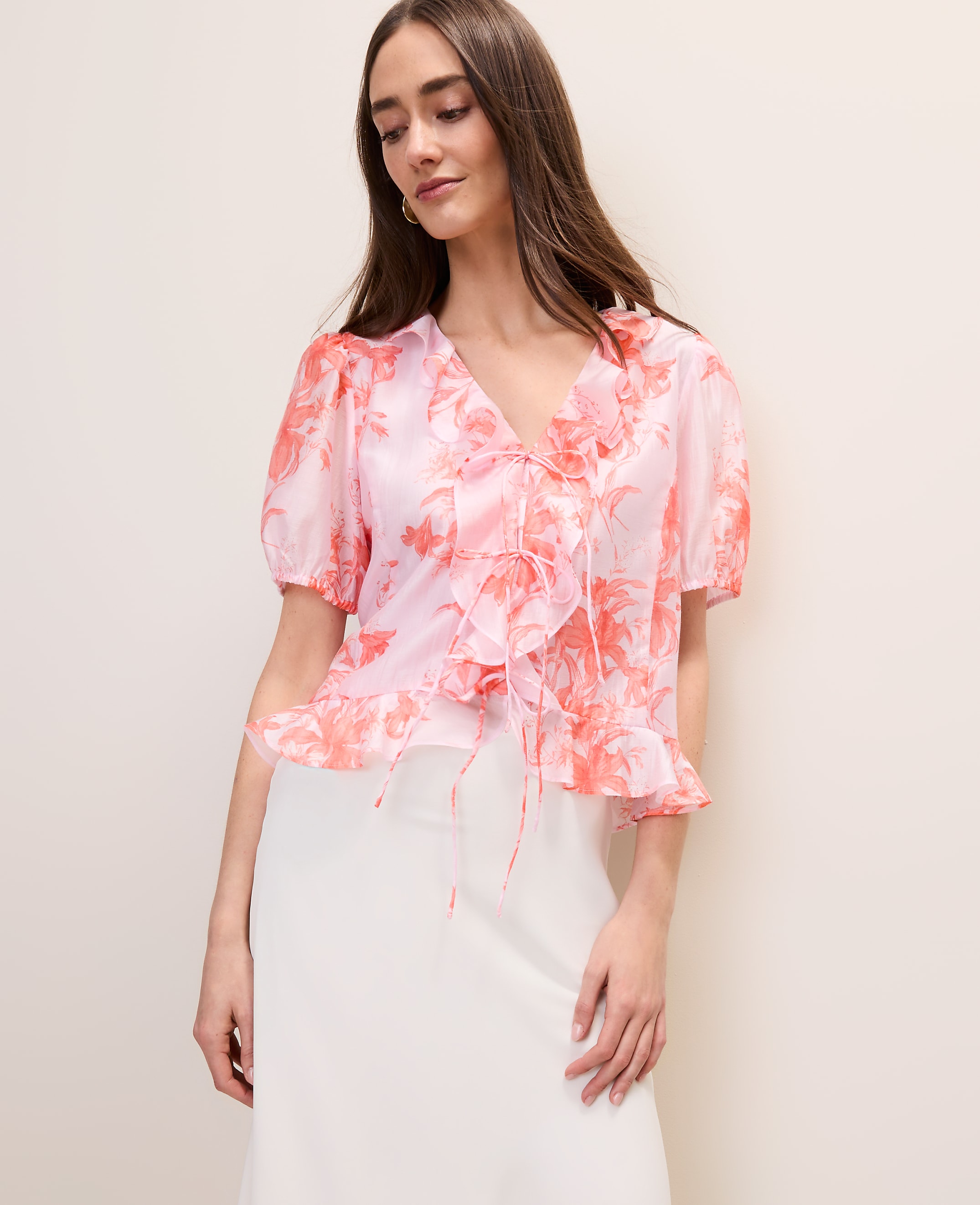 Petite Floral Ruffle Trim Blouse