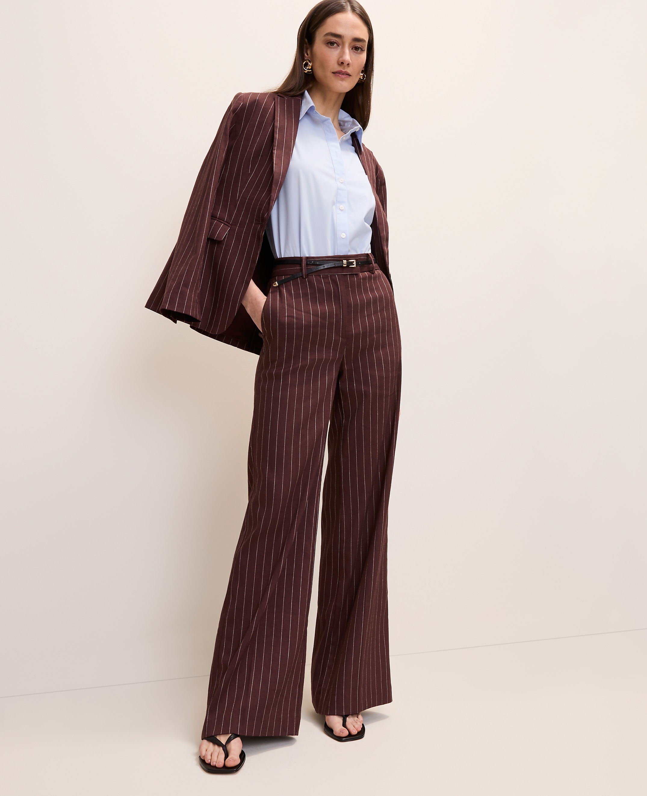 The Pinstriped Wide-Leg Flare Trouser in Linen Blend