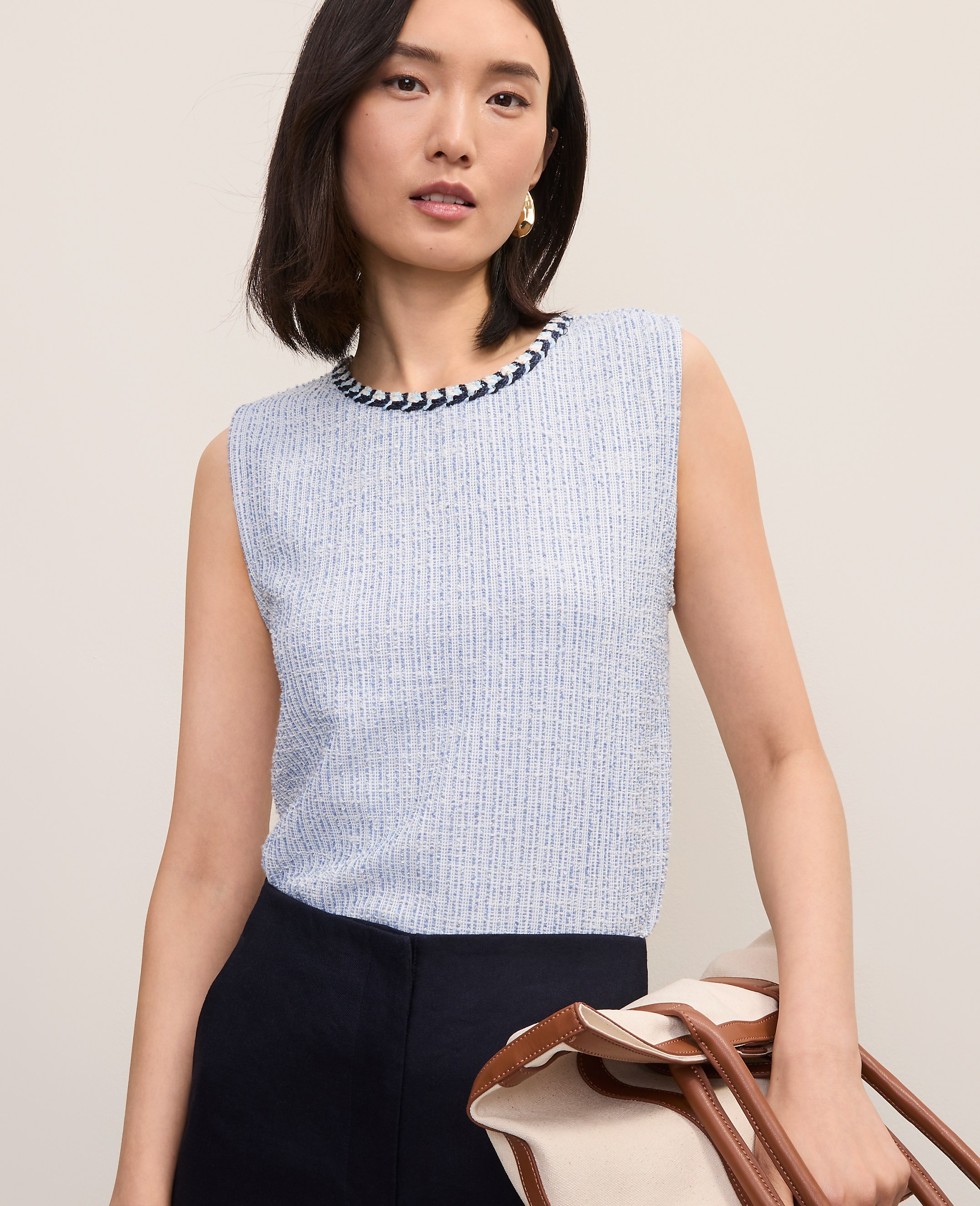 Petite Braid Trim Tweed Top