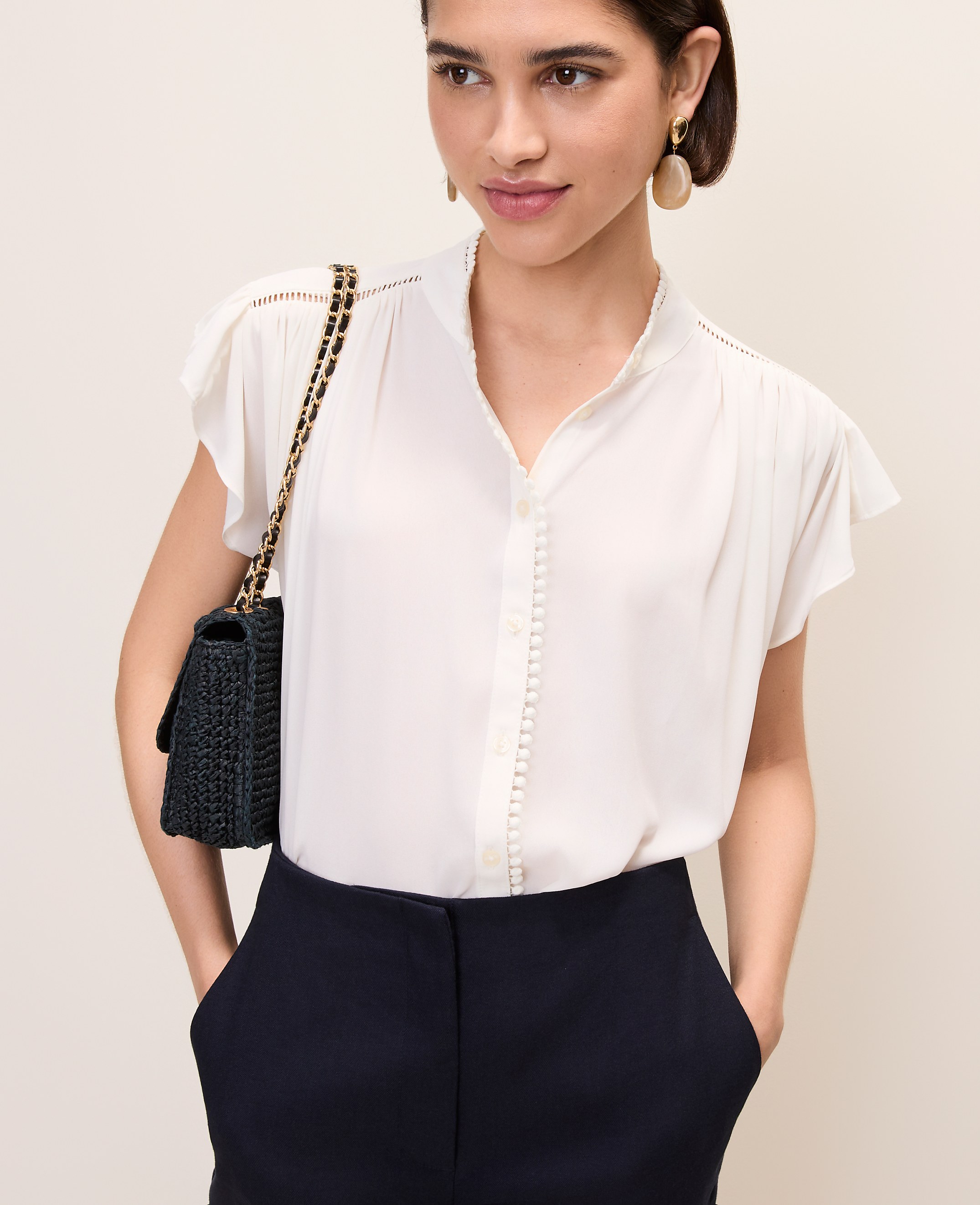 Petite Flutter Sleeve Button Down Blouse