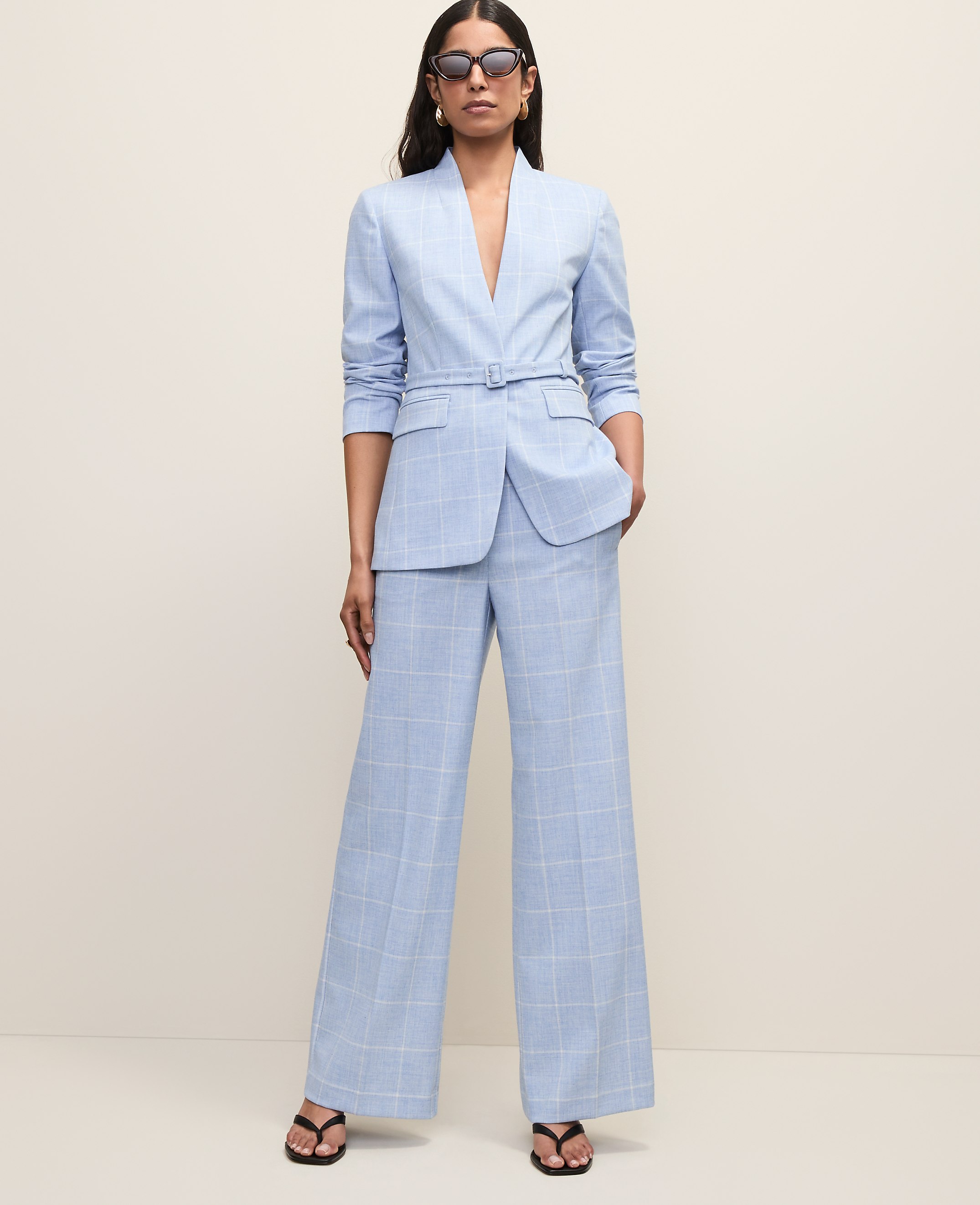 The Collarless Belted Blazer in Windowpane