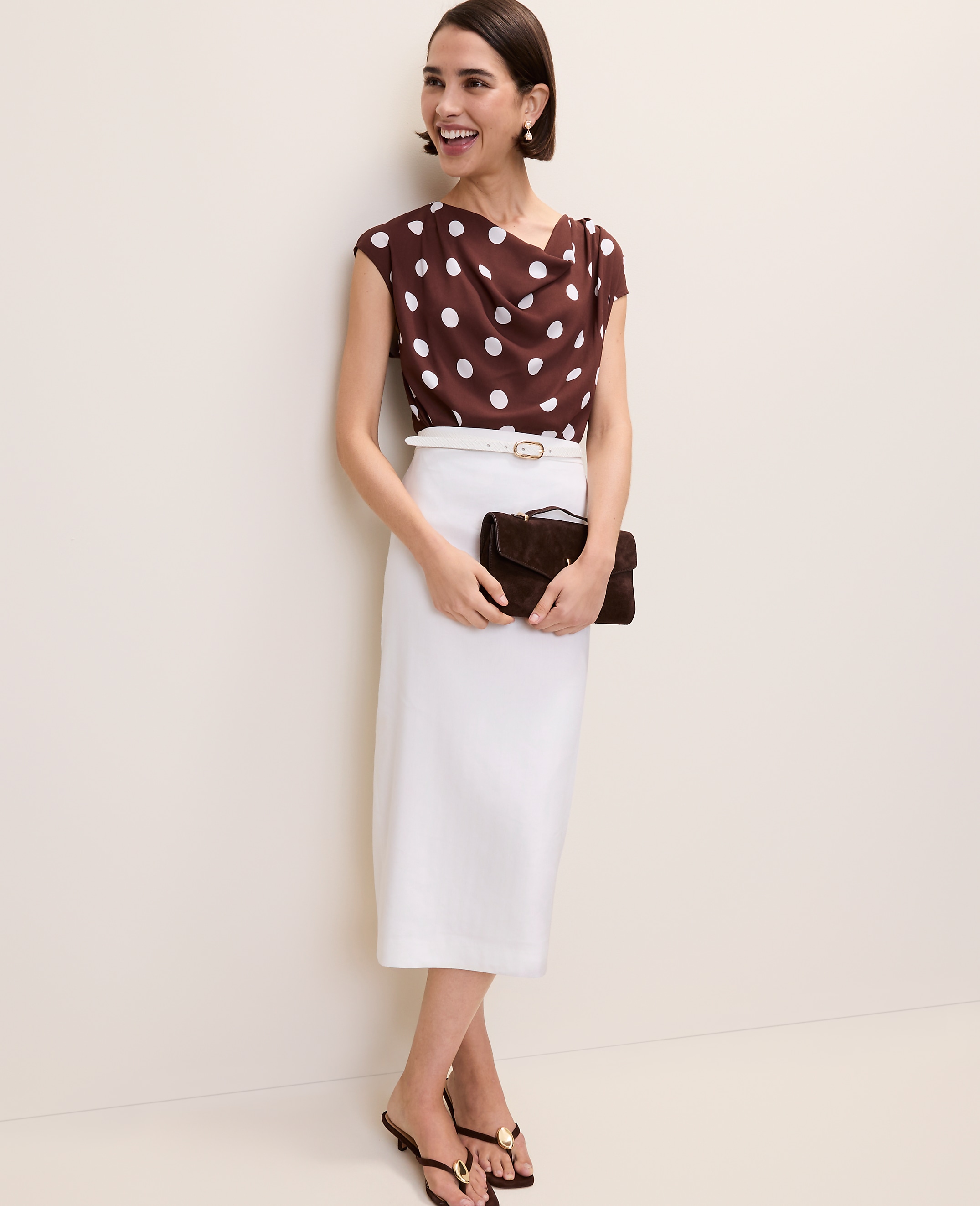 Polka Dot Mixed Media Cowl Neck Top