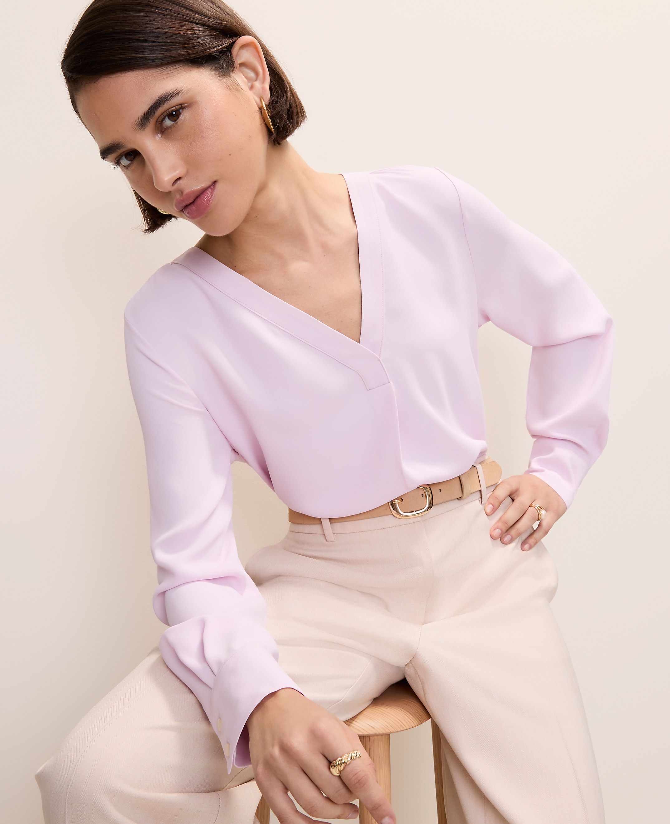 Petite Mixed Media Pleat Front Top