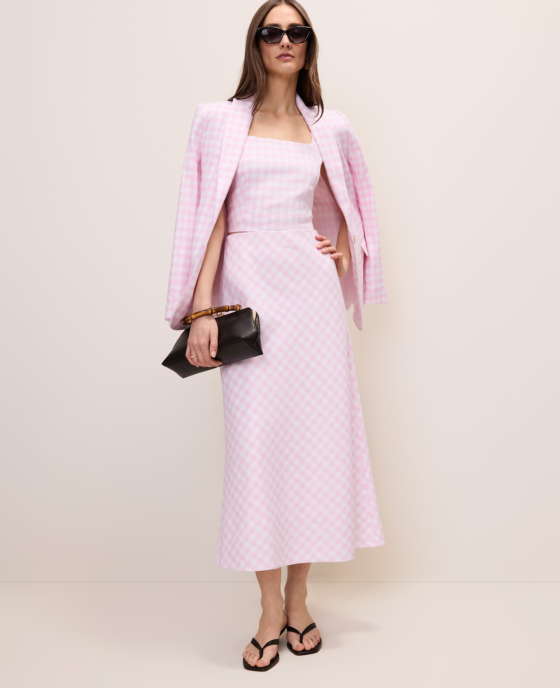 Petite Gingham Linen Blend Midi Slip Skirt
