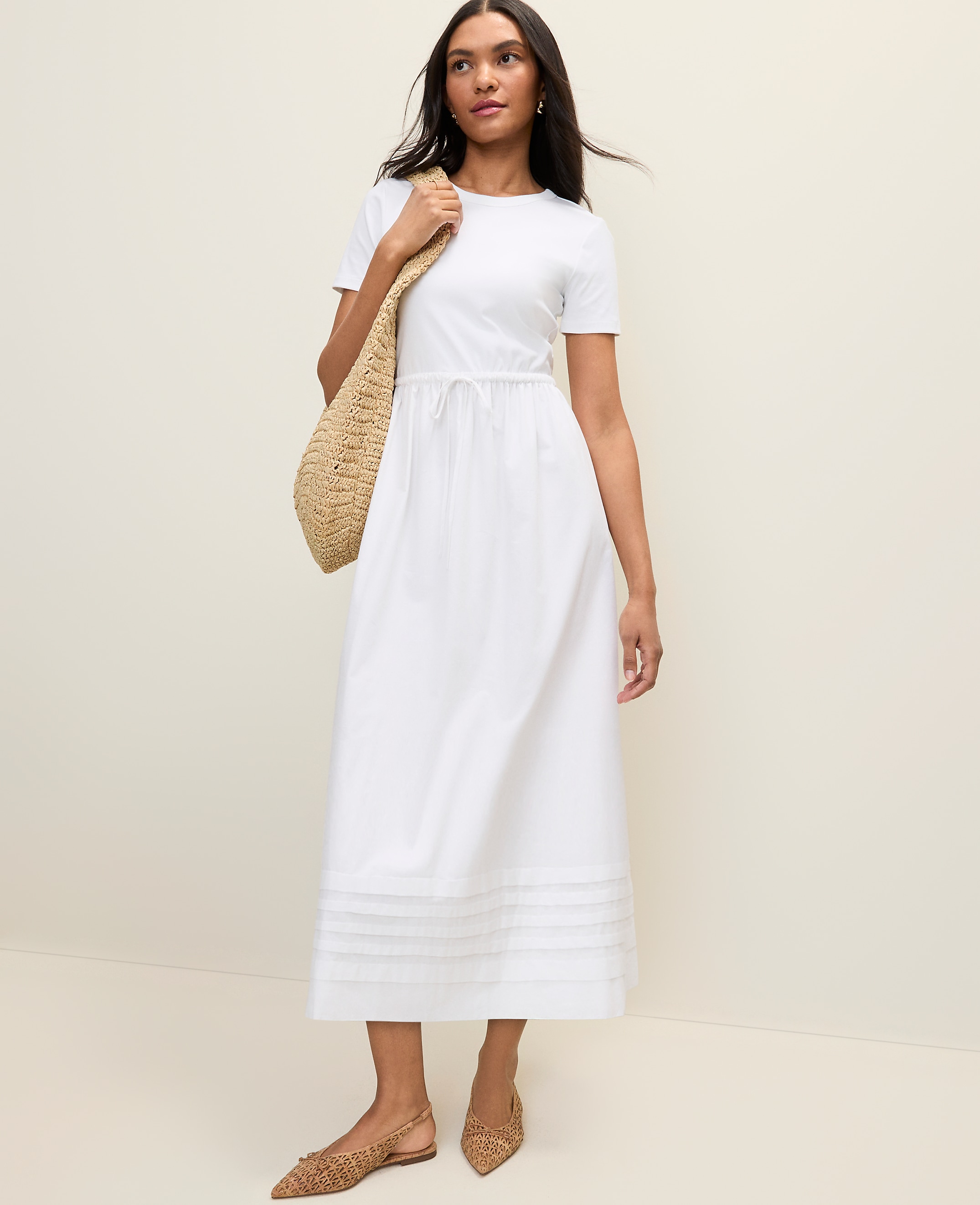 Petite Weekend Mixed Media Crew Neck Midi Dress
