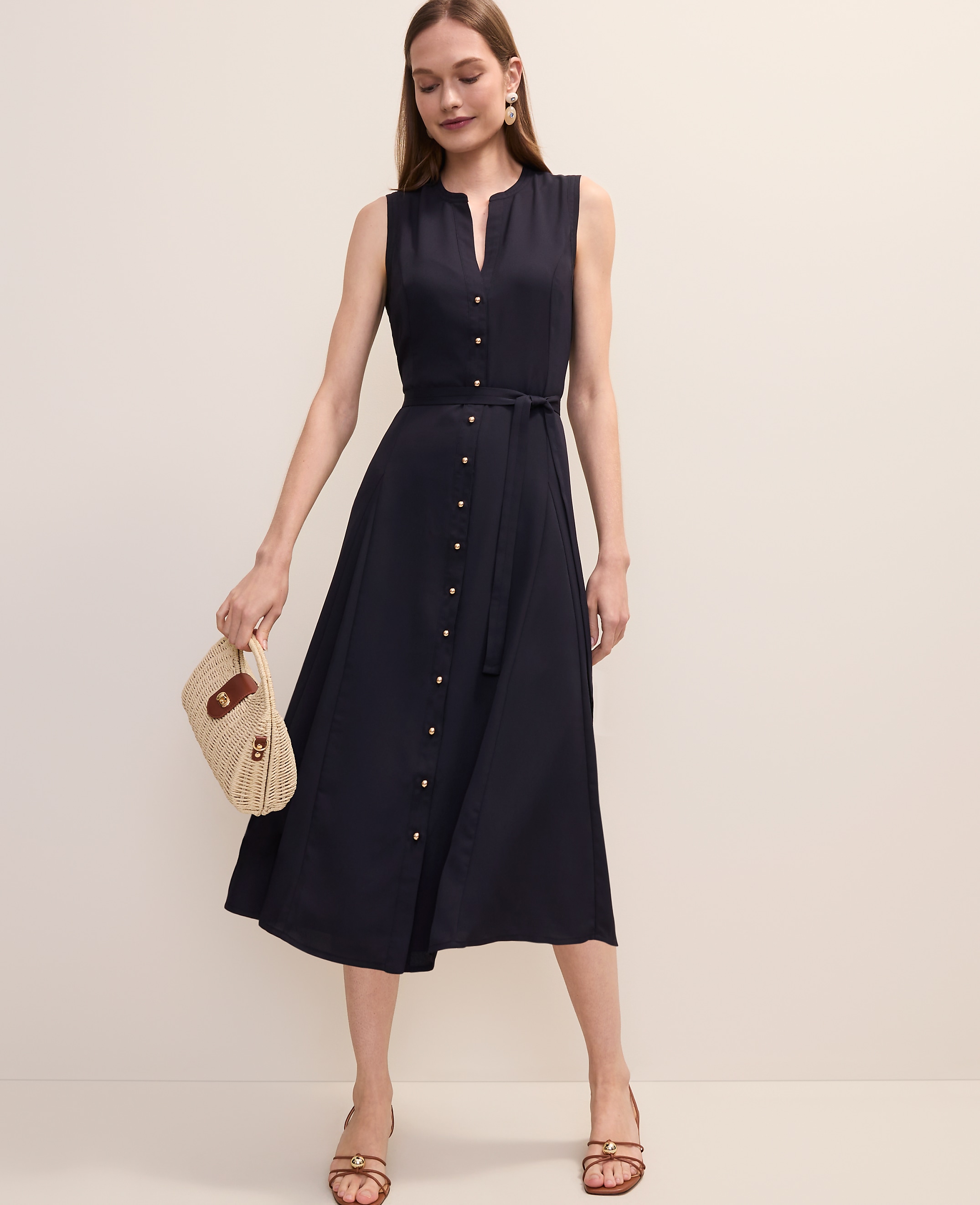 Petite Belted Split Neck Flare Dress