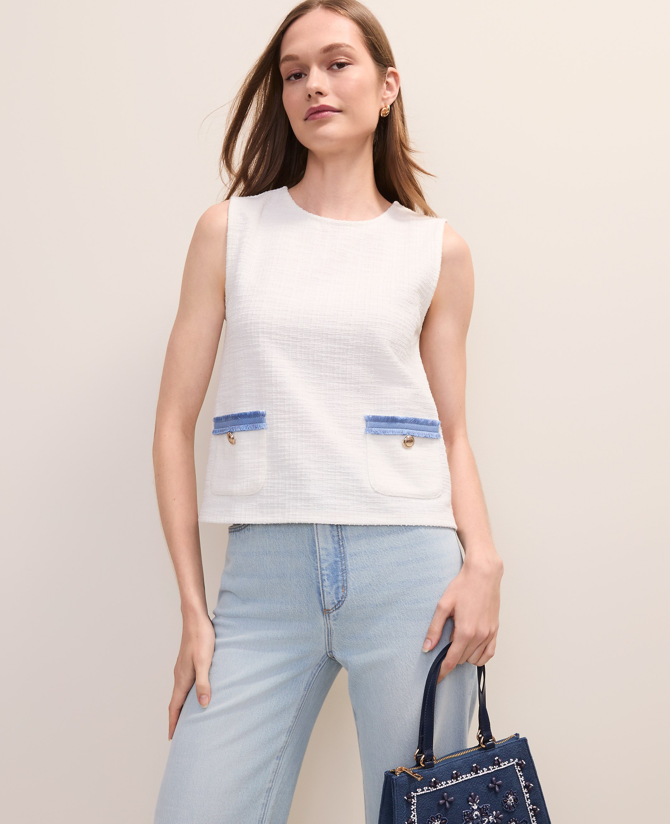 Petite Fringe Trim Tweed Top