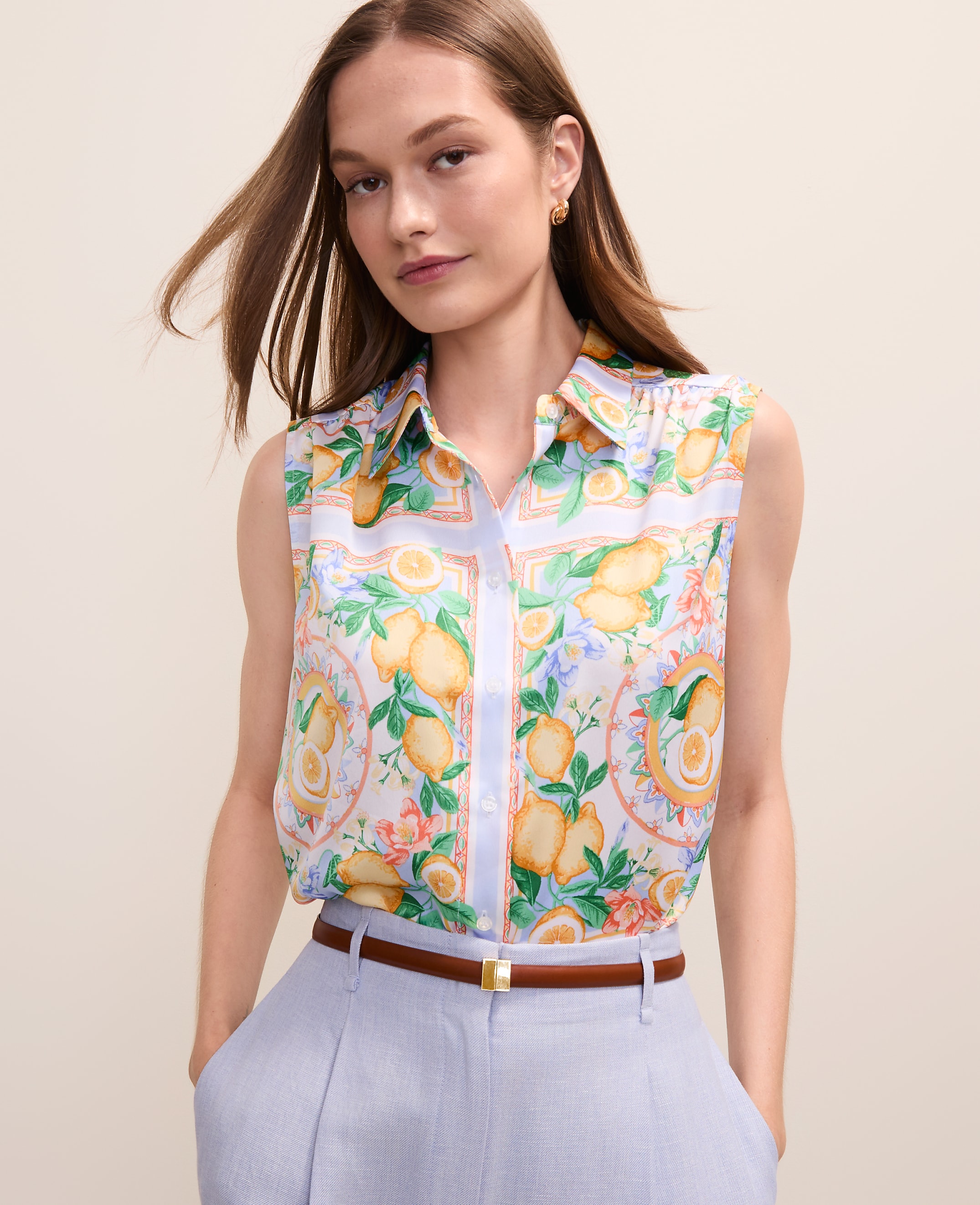 Petite Lemon Print Sleeveless Collar Shirt