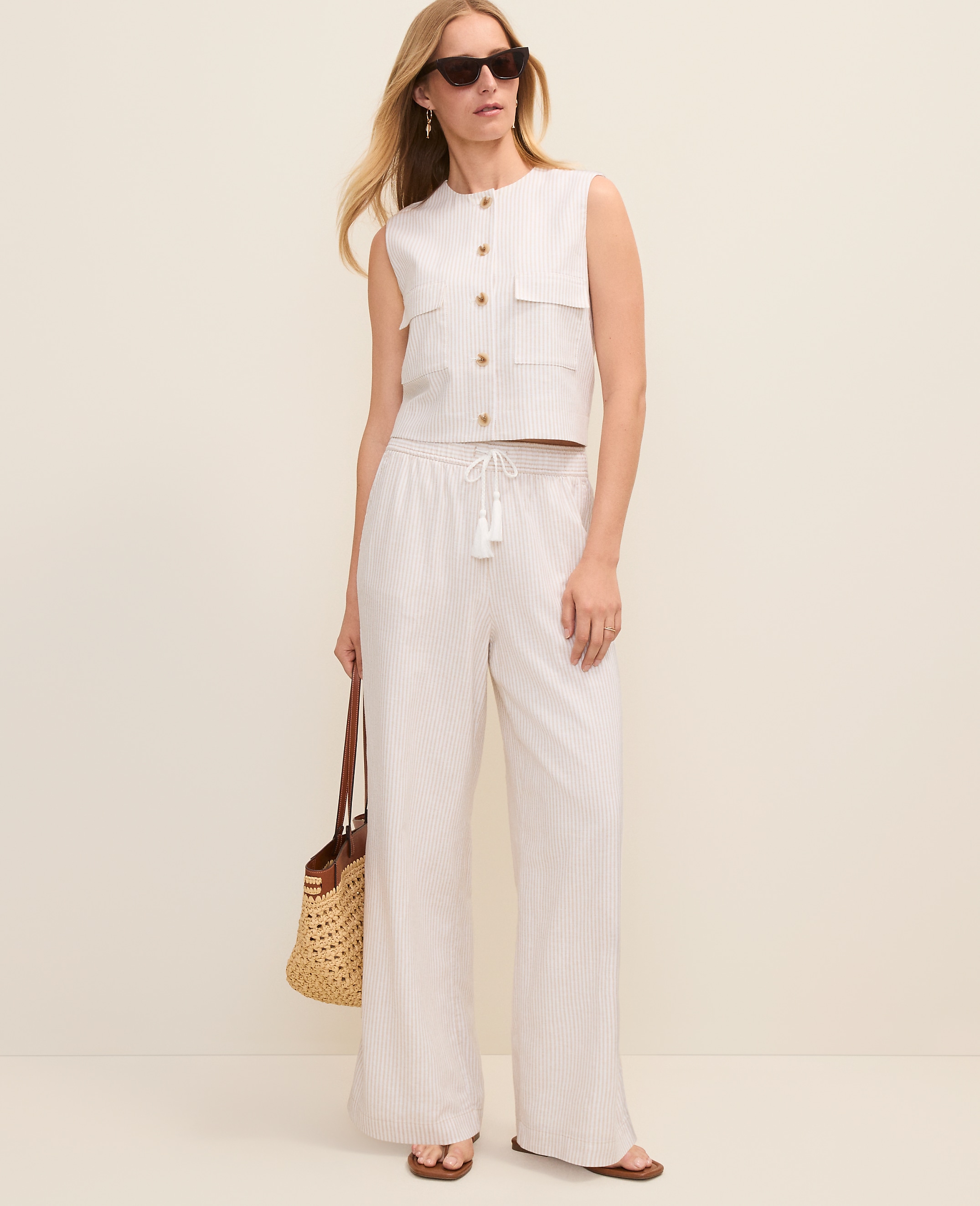 Petite Weekend Striped Easy Fit Wide-Leg Pant in Linen Blend