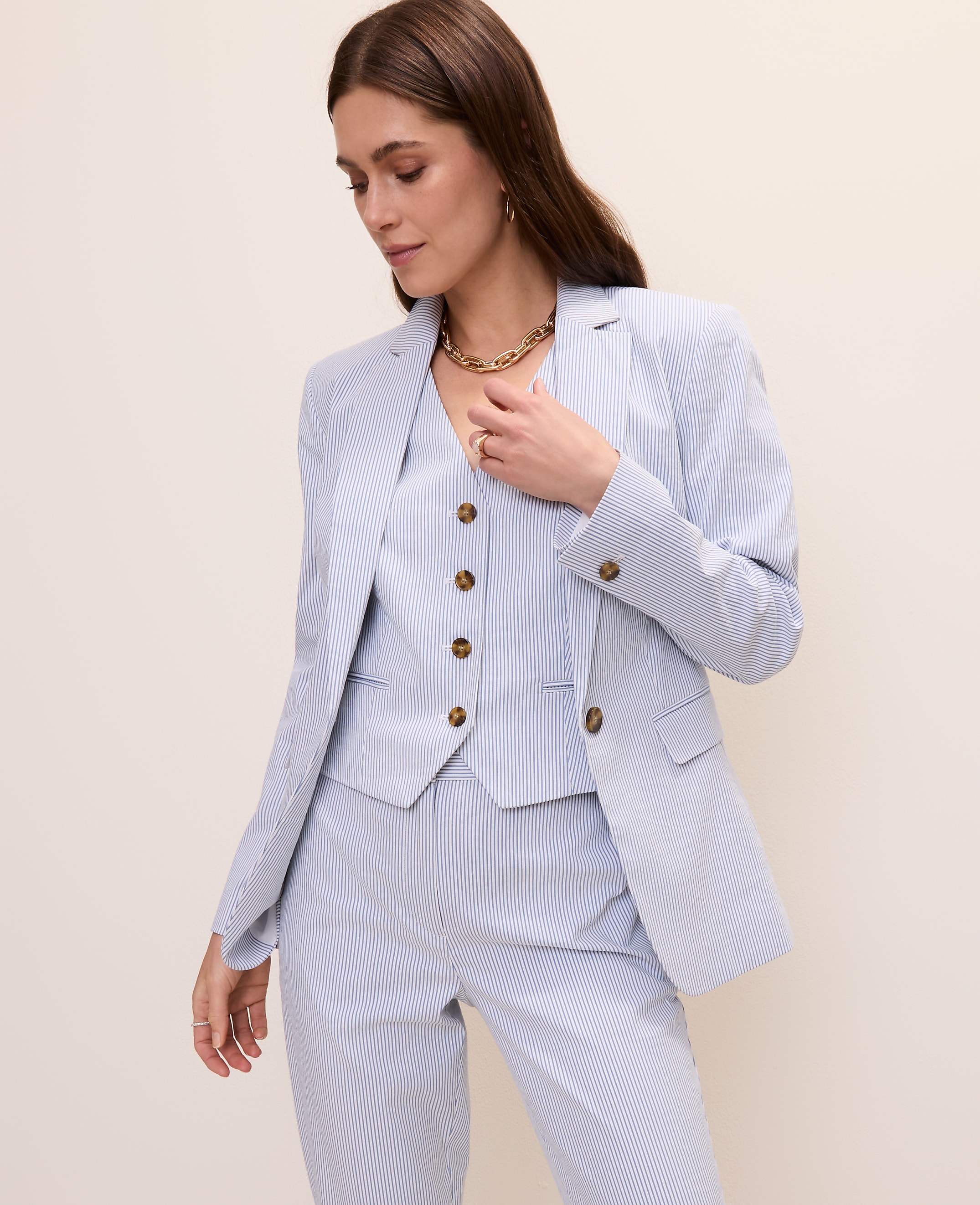 The Petite Long One Button Blazer in Seersucker