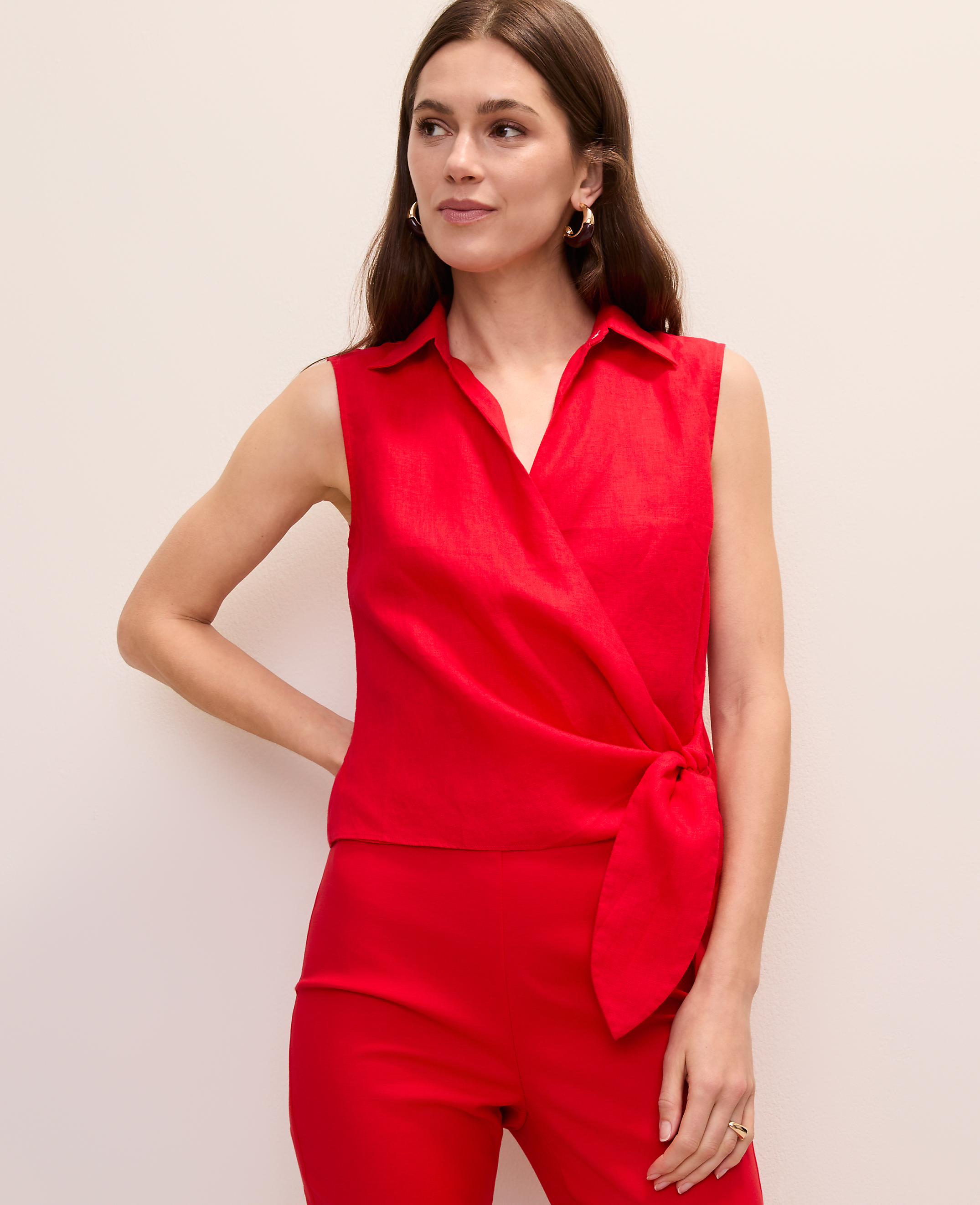 Petite Tie Waist Blouse in Linen