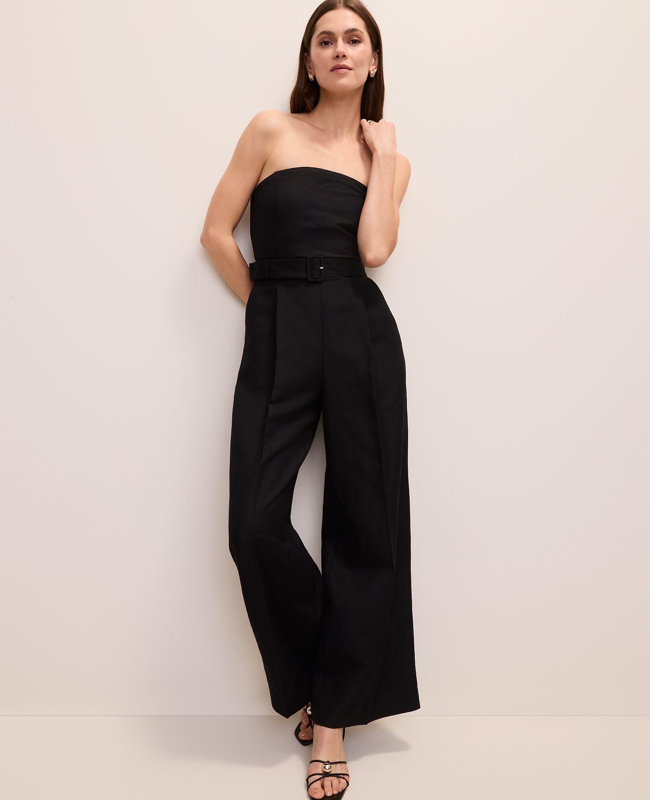 Belted Strapless Jumpsuit in Linen Blend
