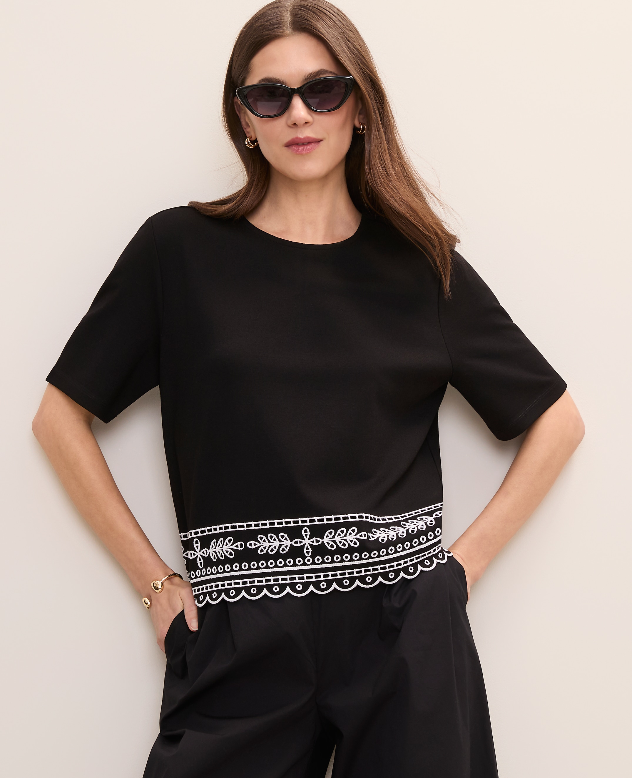 Petite Embroidered Crew Neck Top