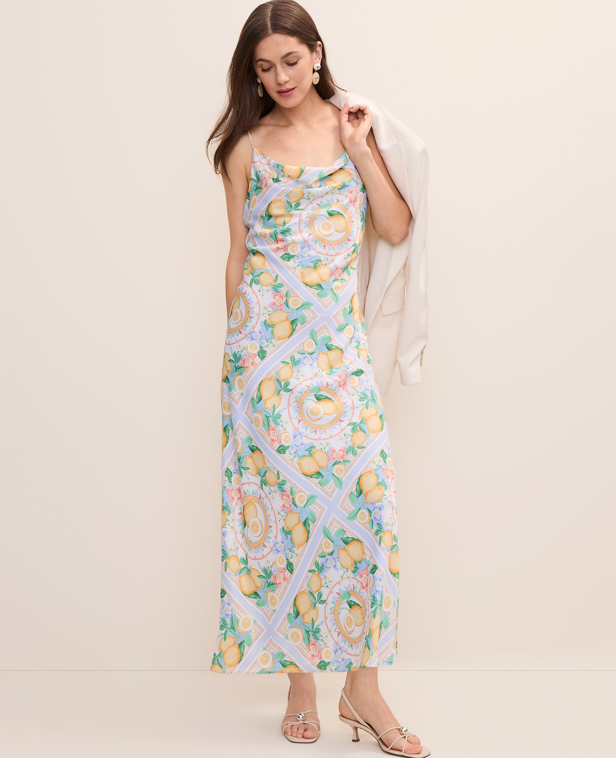 Petite Lemon Print Cowl Neck Slip Dress in Satin