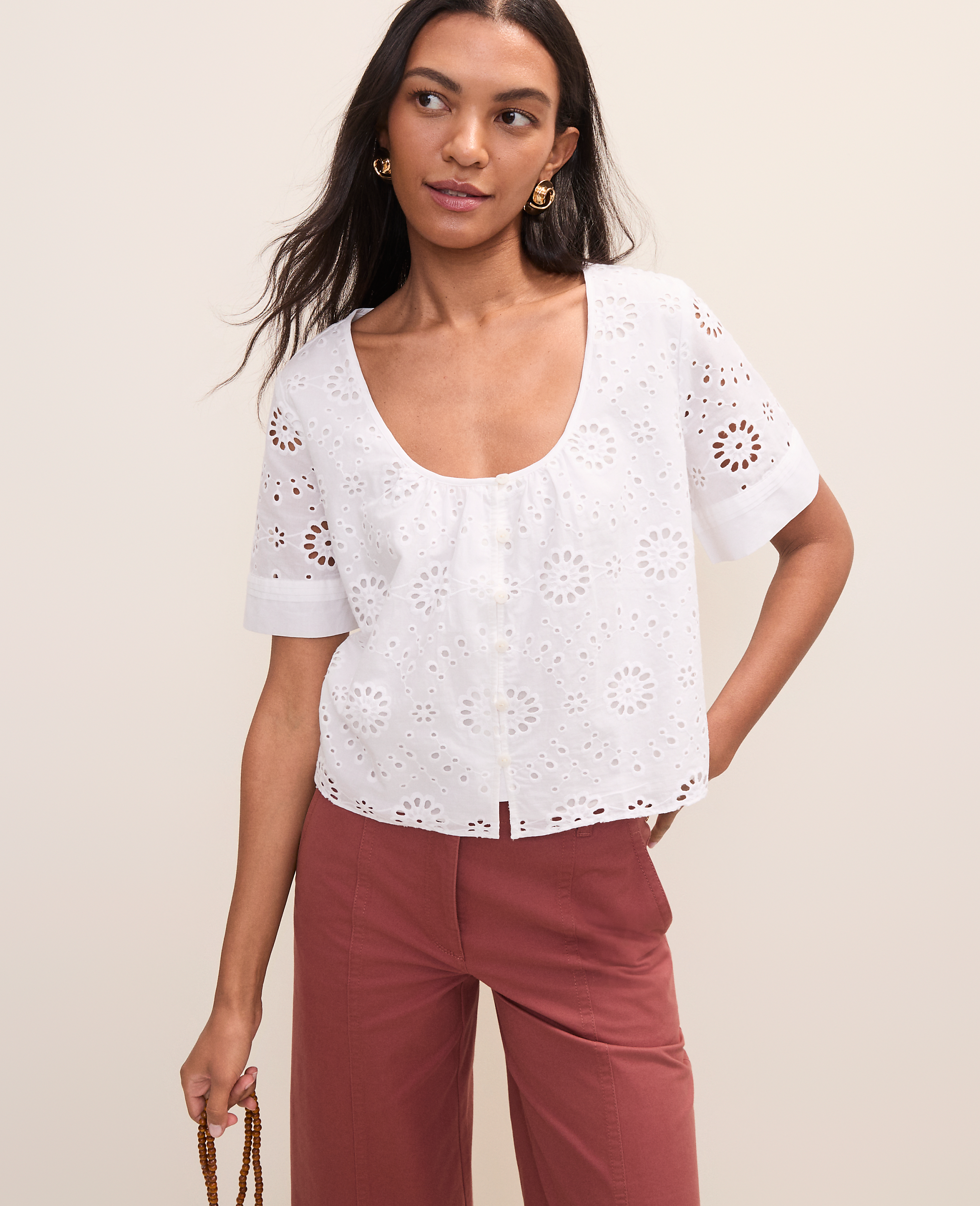 Petite Weekend Eyelet Scoop Neck Blouse
