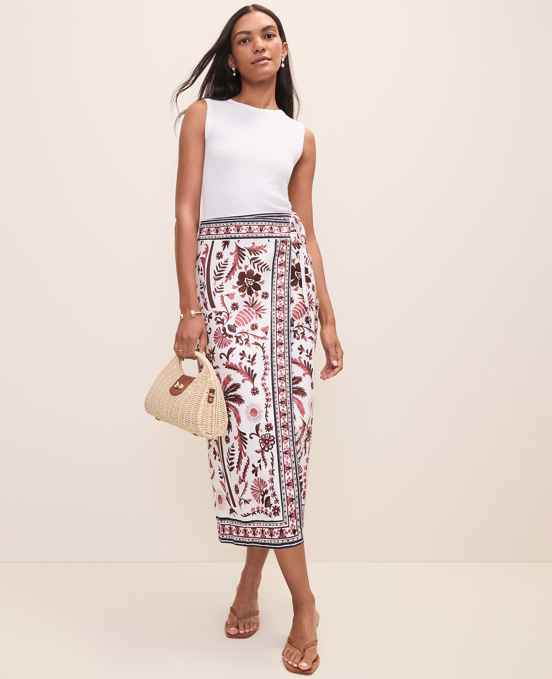 Weekend Palm Tree Print Sarong Midi Skirt in Linen Blend