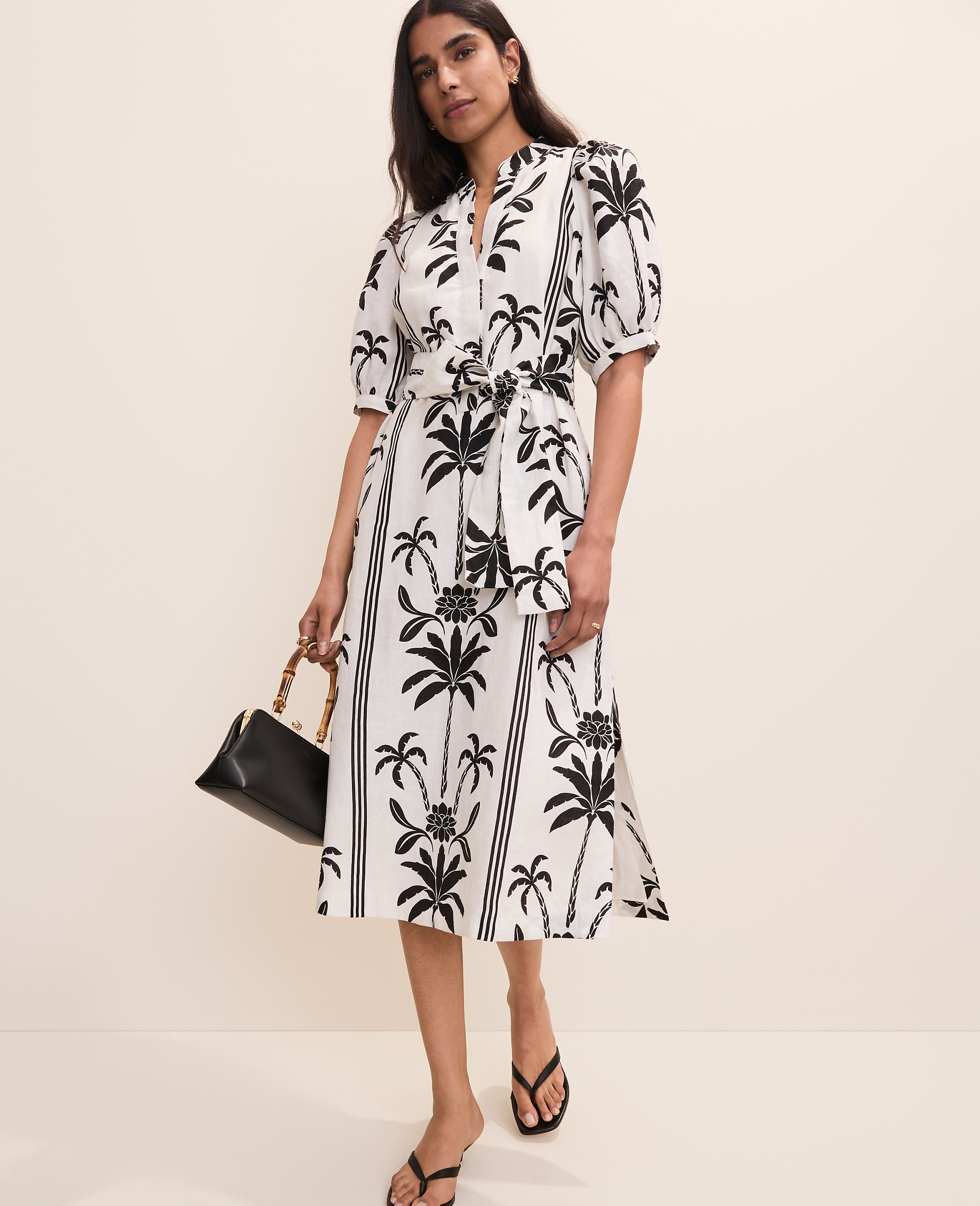 Petite Palm Tree Print Midi Dress in Linen