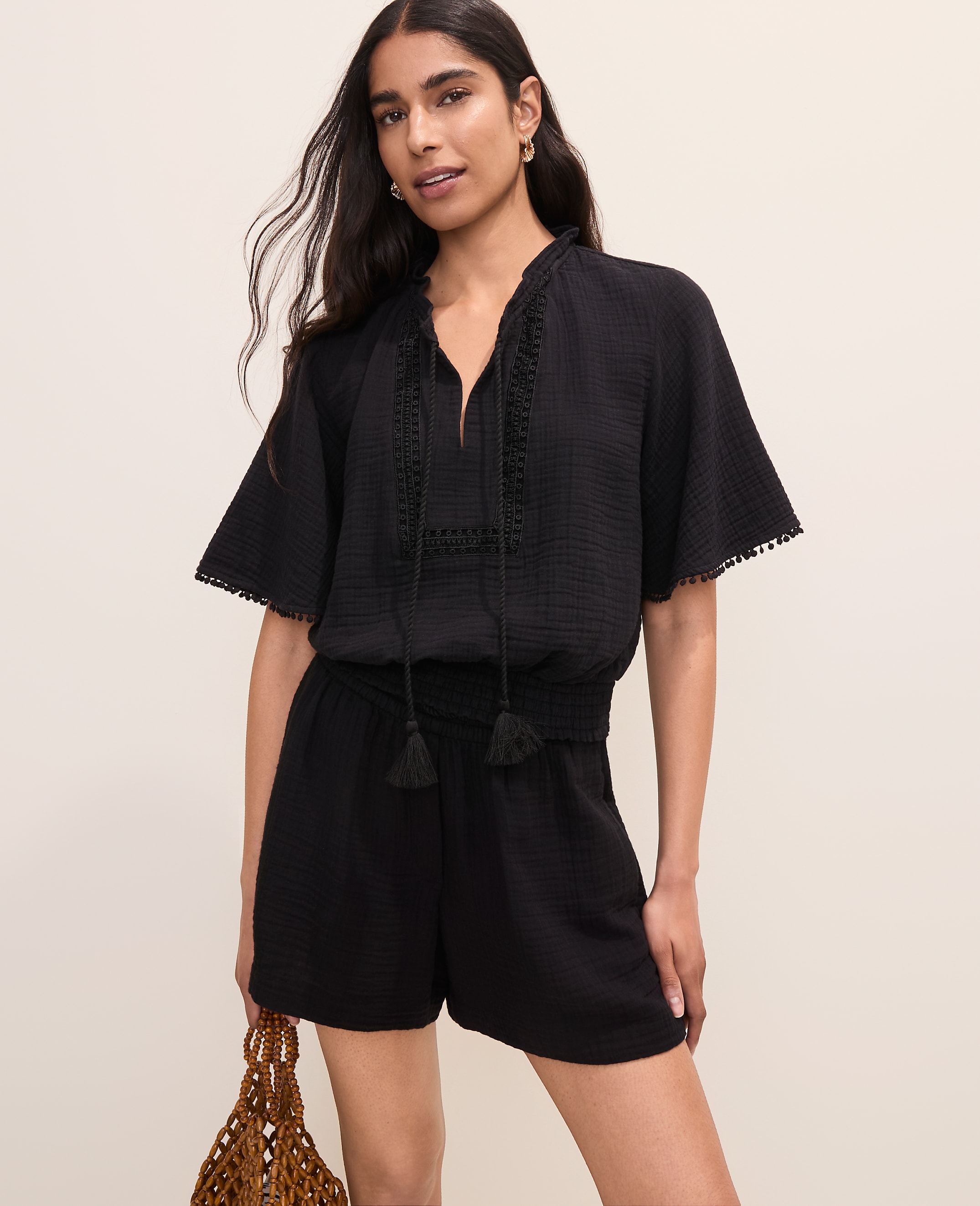 Smocked Bobble Trim Blouse