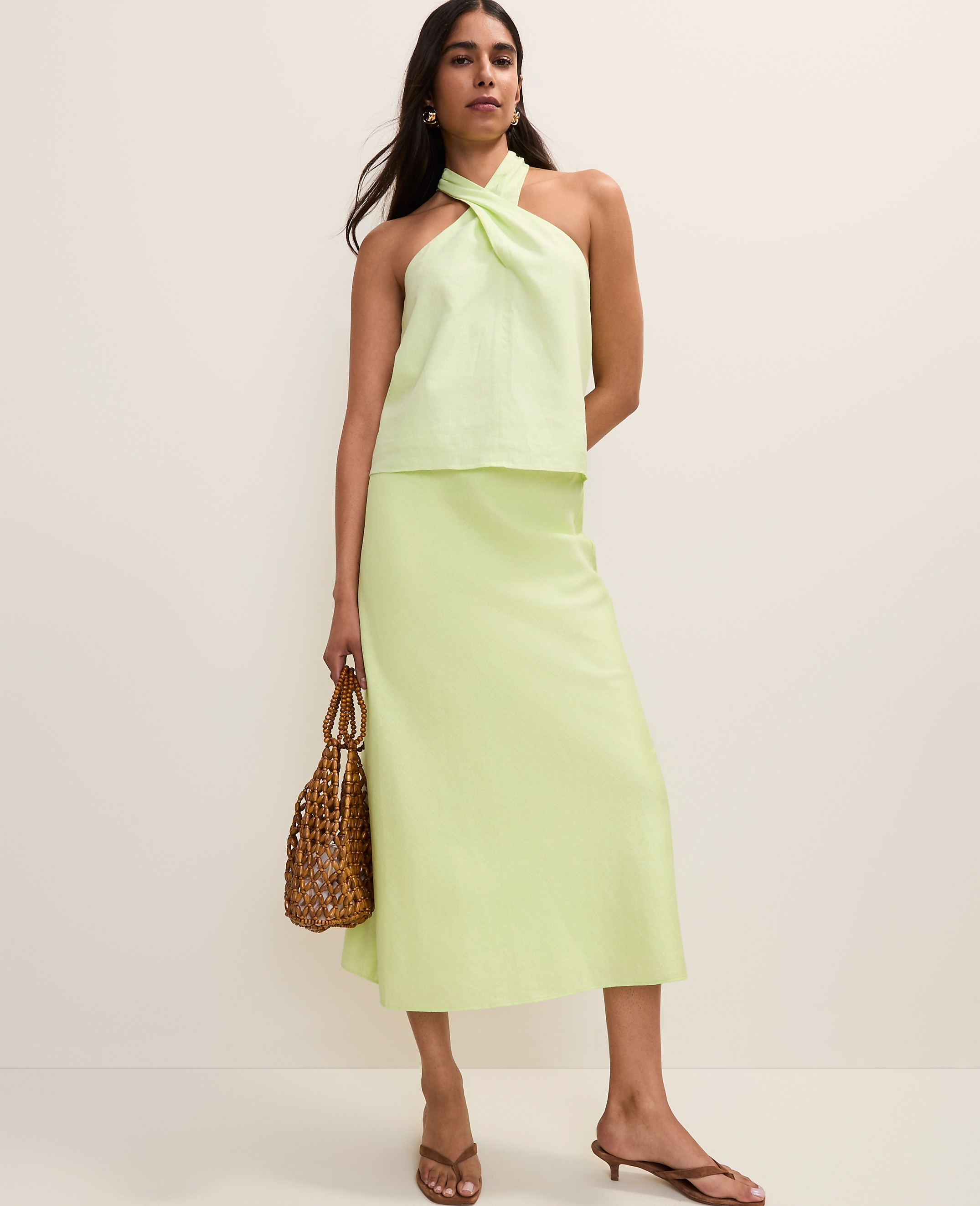 Bias Midi Slip Skirt in Linen Blend