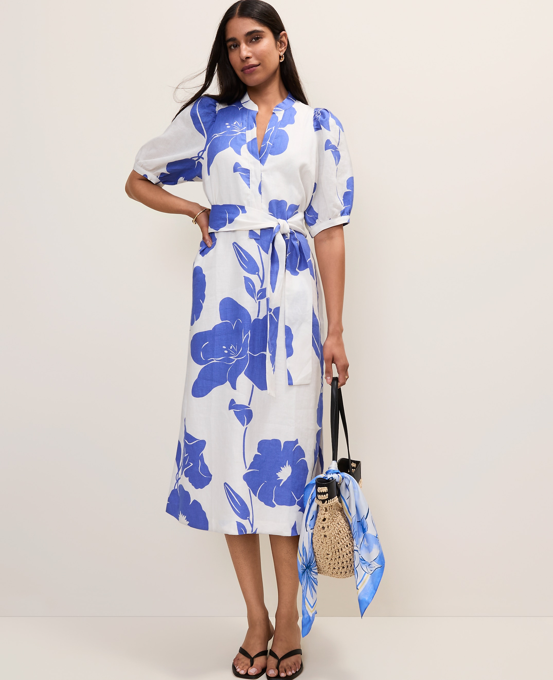 Petite Floral Puff Sleeve Midi Dress in Linen