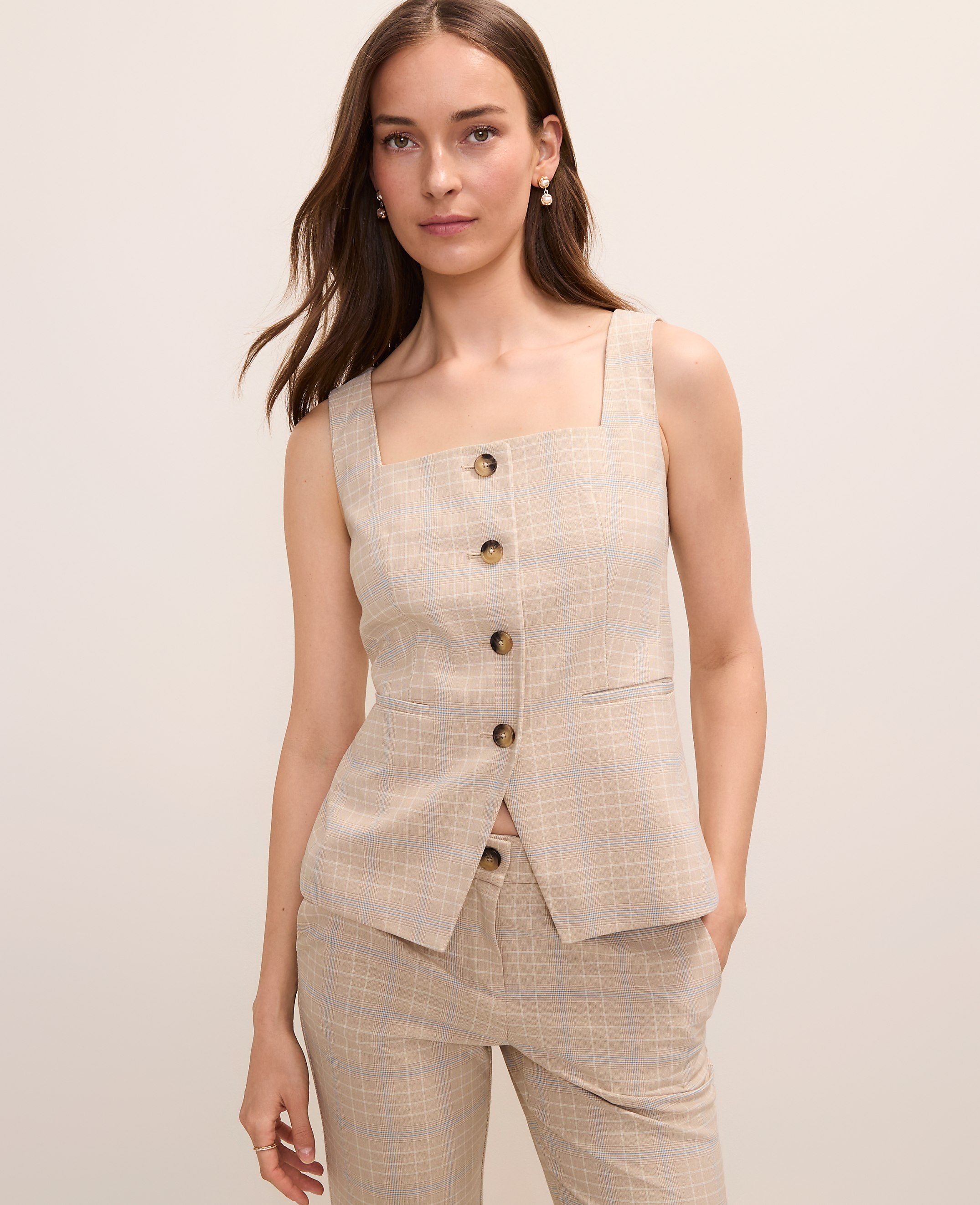 The Petite Square Neck Tailored Vest in Plaid