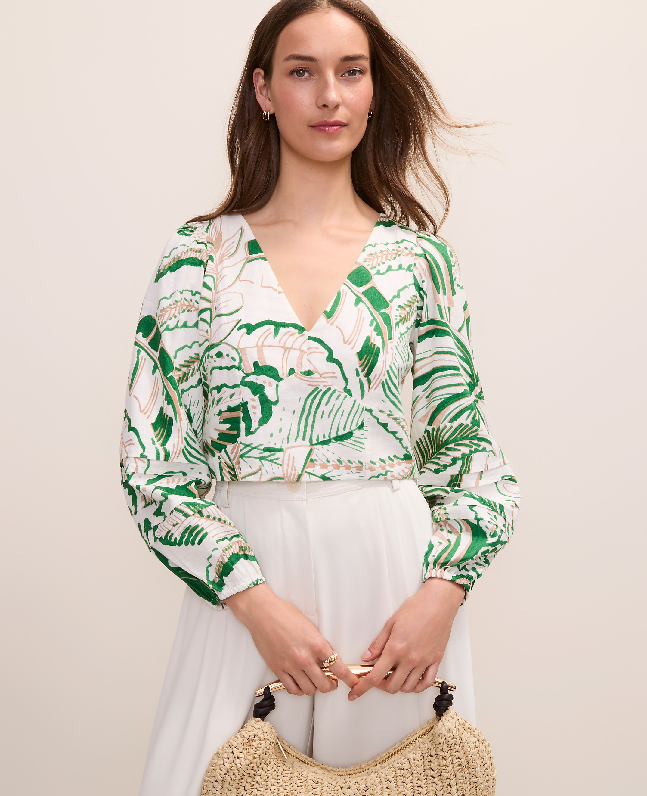 Palm Print Embroidered V-Neck Blouse in Linen Blend