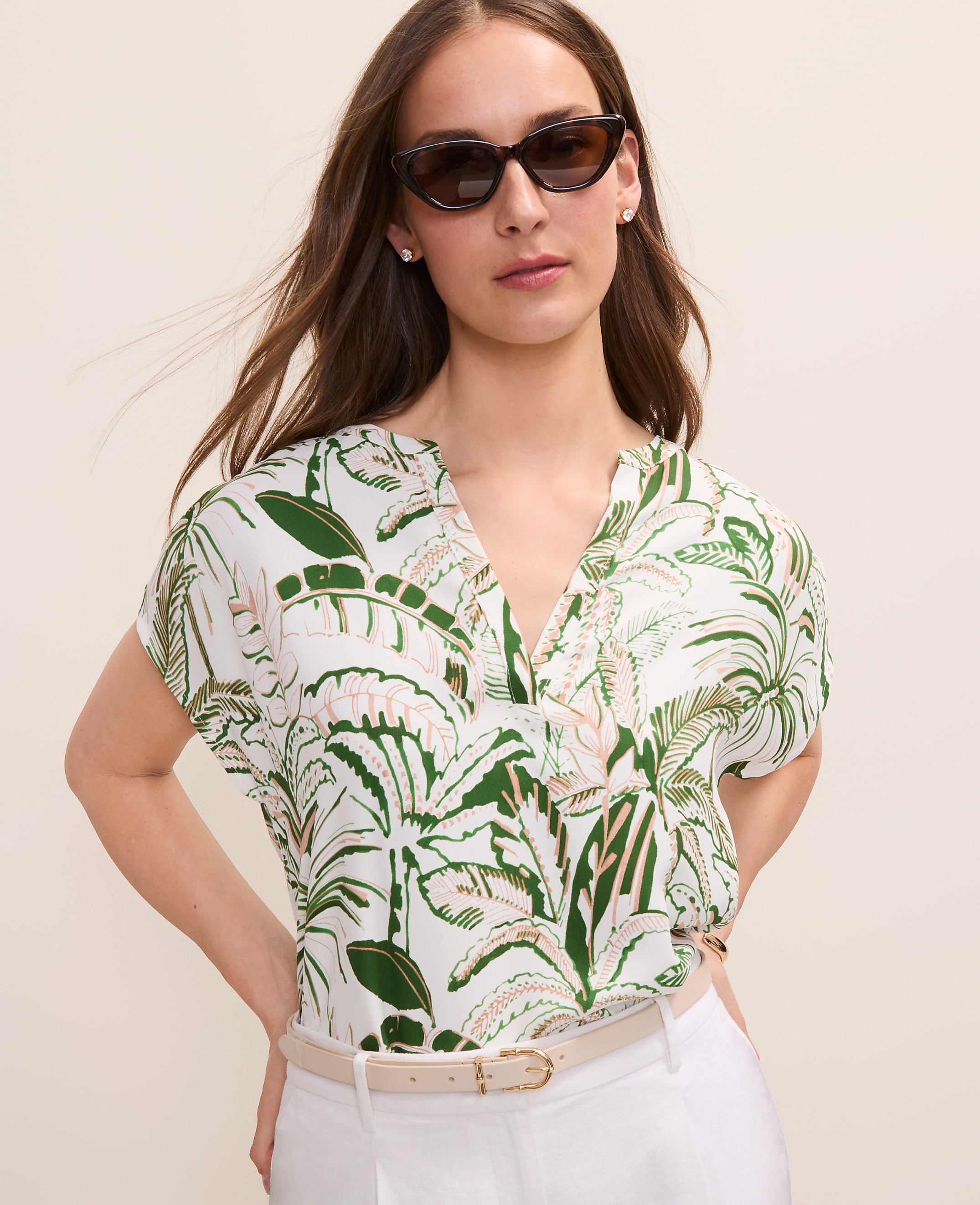 Petite Palm Print Mixed Media Top
