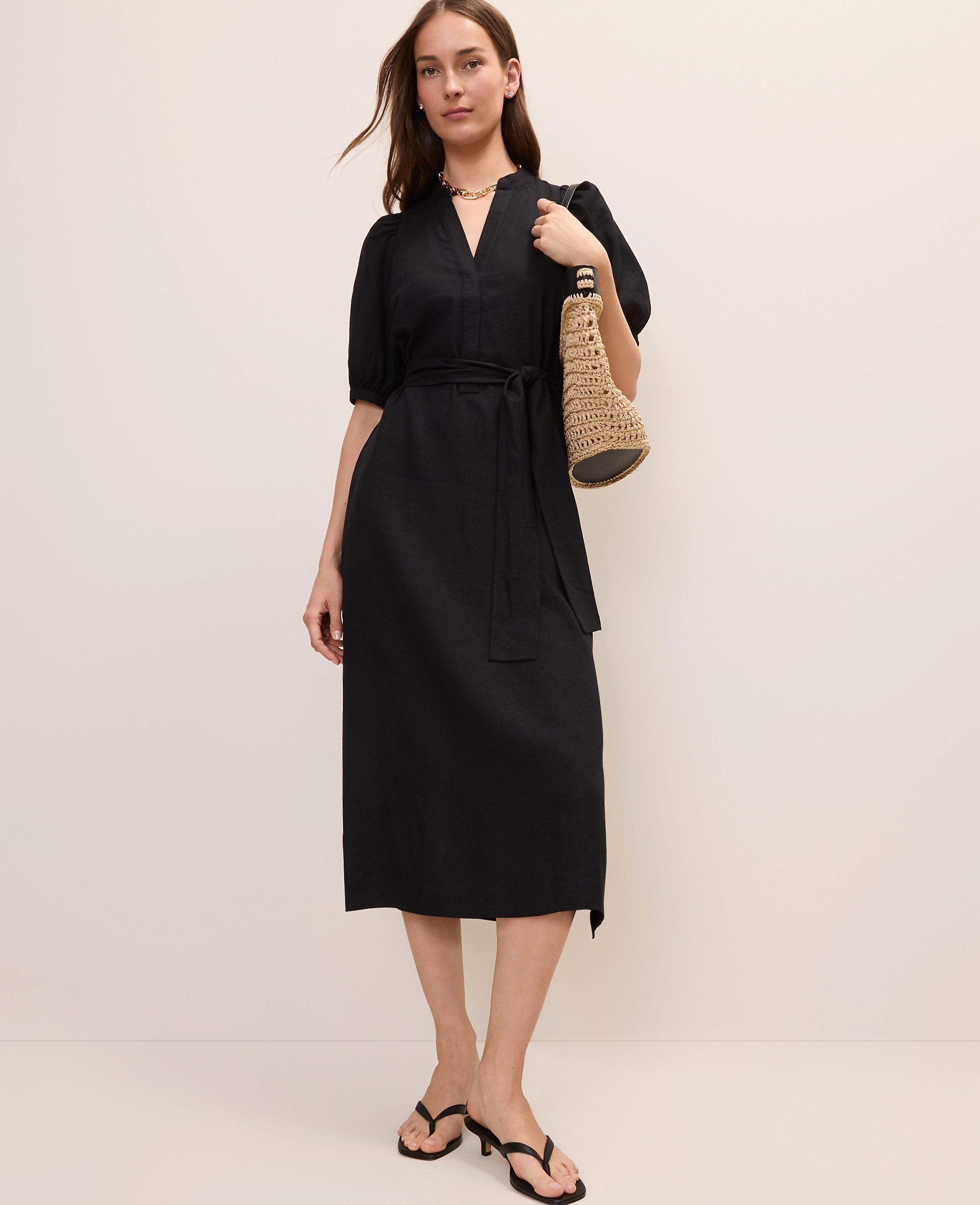 Petite Puff Sleeve Midi Dress in Linen Blend