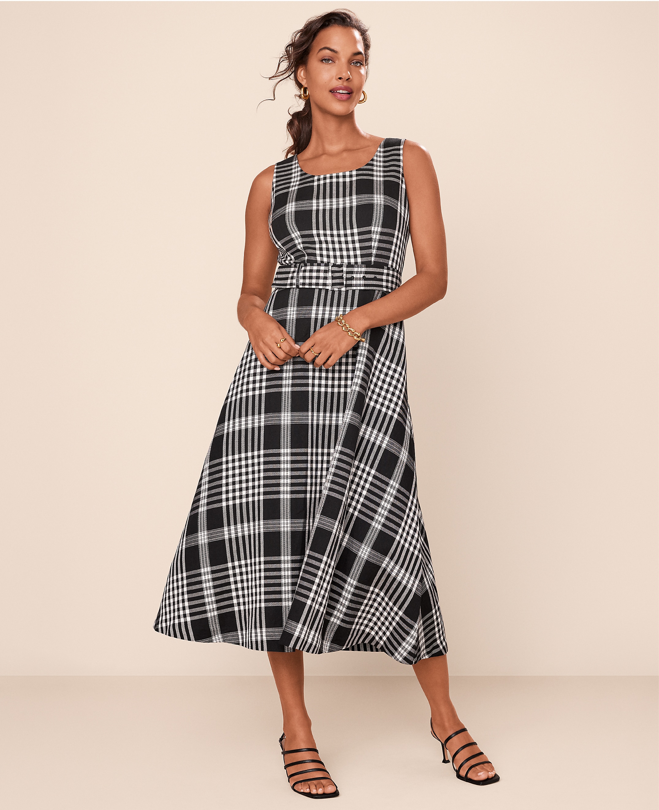 Petite Plaid Belted Flare Dress