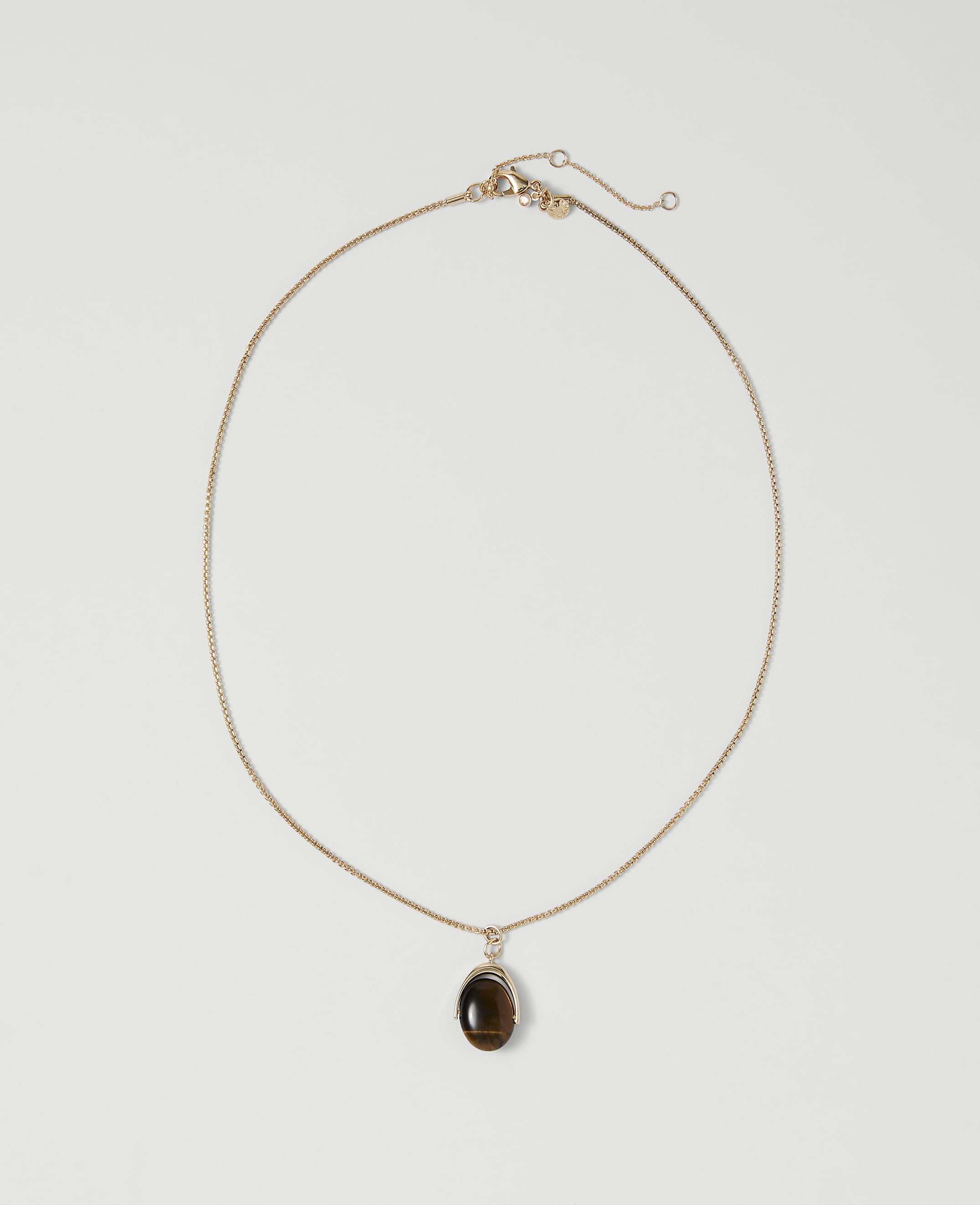 A delicate gold chain necklace with a dark oval pendant rests on a plain white background.