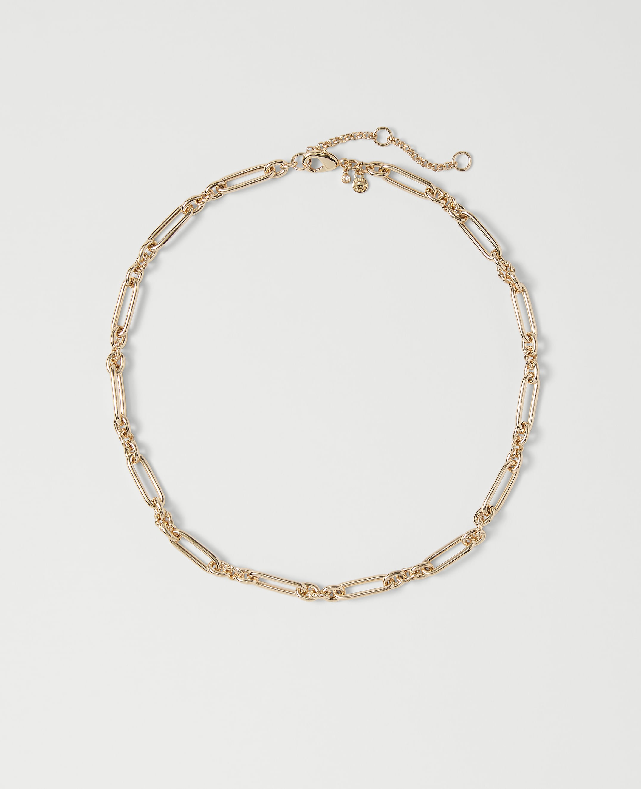 A delicate rose gold chain necklace with elongated oval links rests on a plain white background.