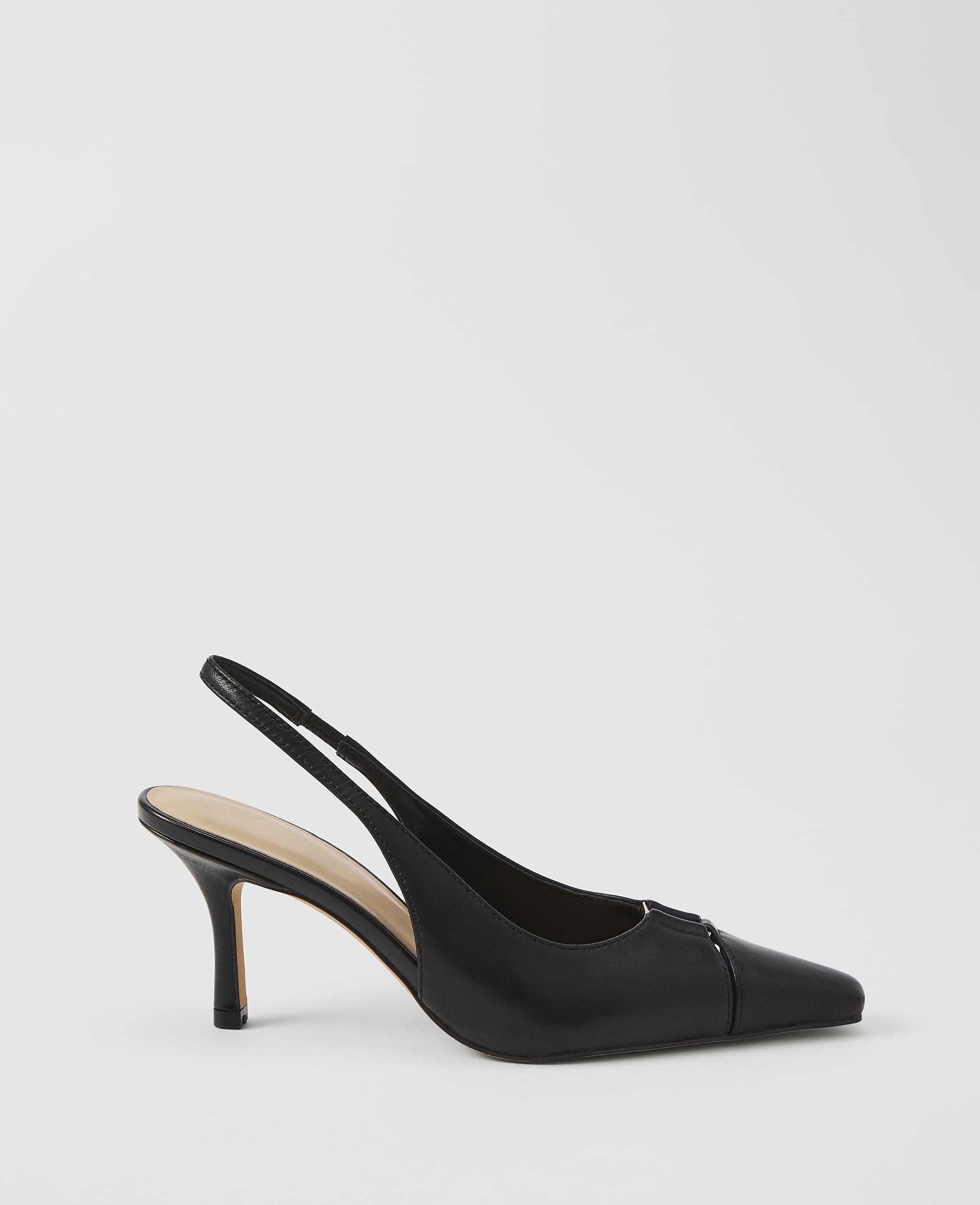 A black slingback heel with a pointed toe sits on a plain white background.