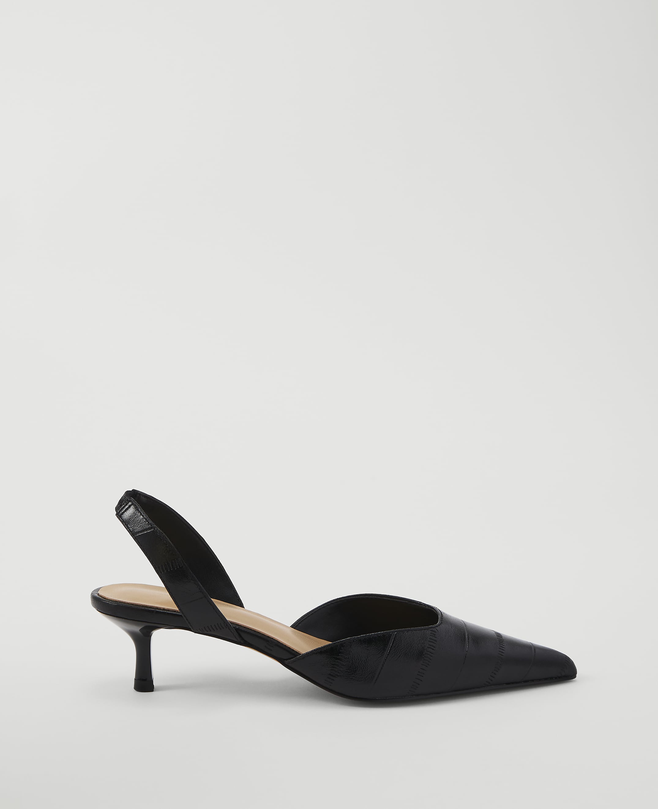 A black croc-embossed slingback heel with a pointed toe rests on a plain white background.