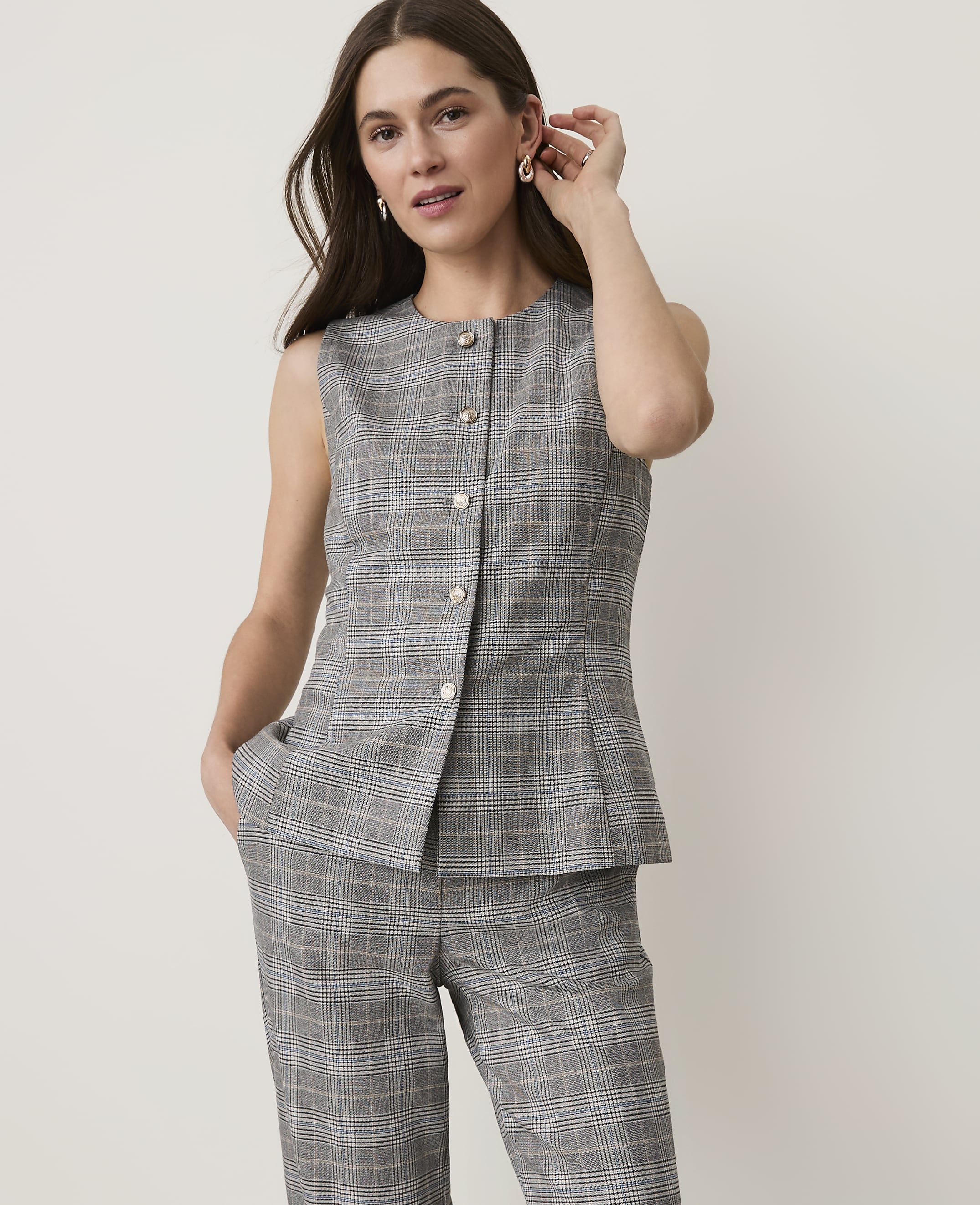 Petite Plaid Crew Neck Peplum Vest
