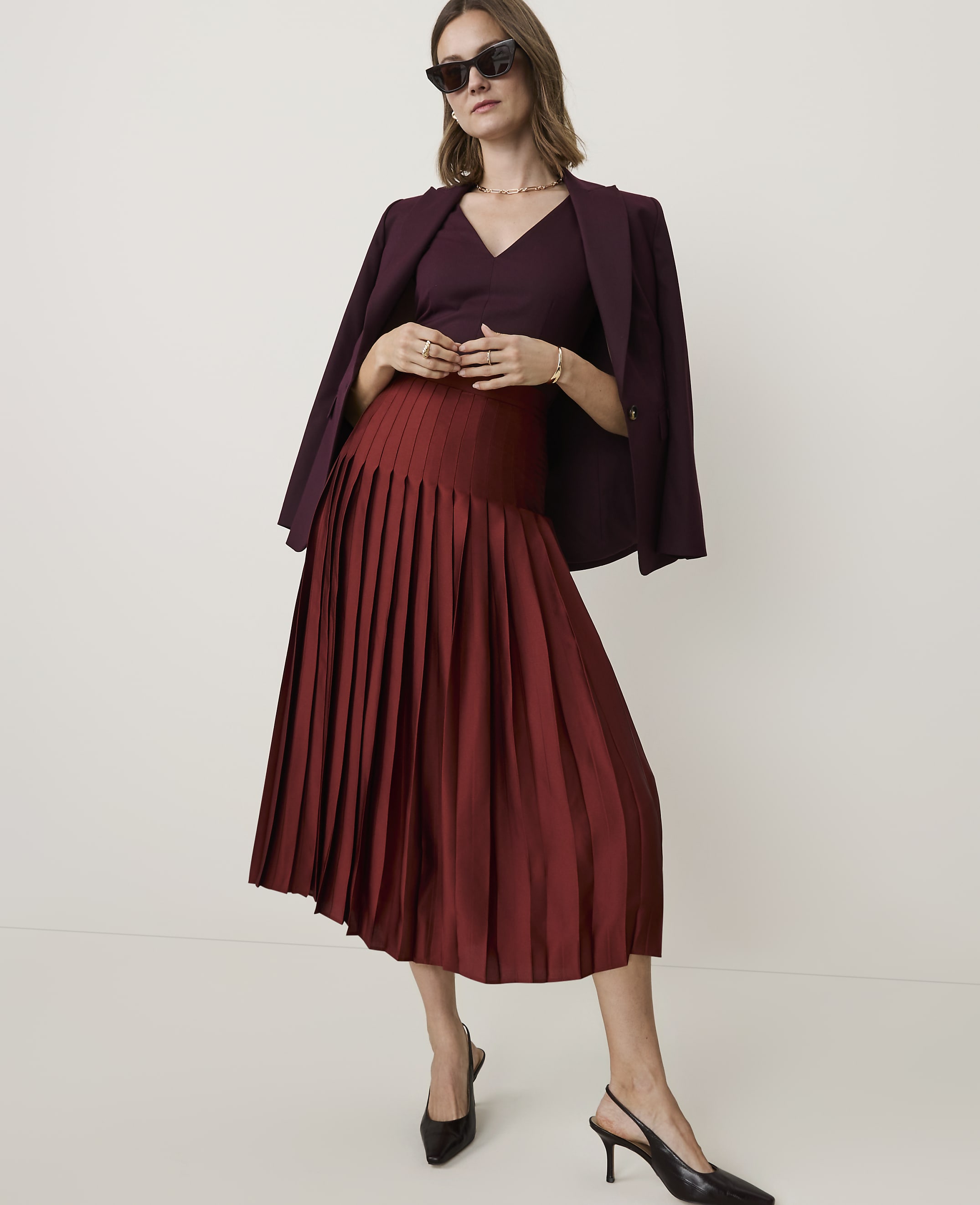 Petite Satin Pleated Midi Skirt
