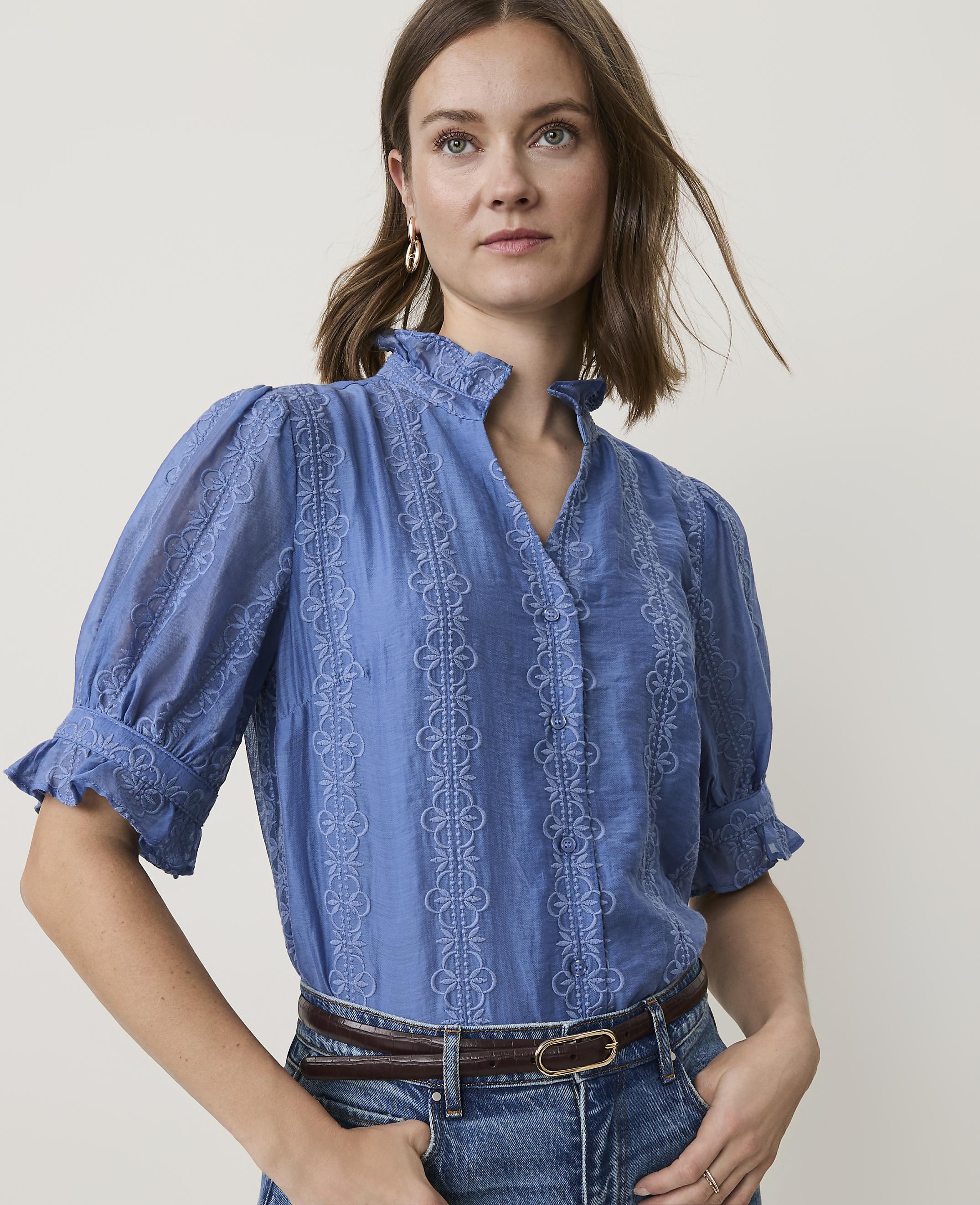 Petite Embroidered Ruffle Collar Shirt