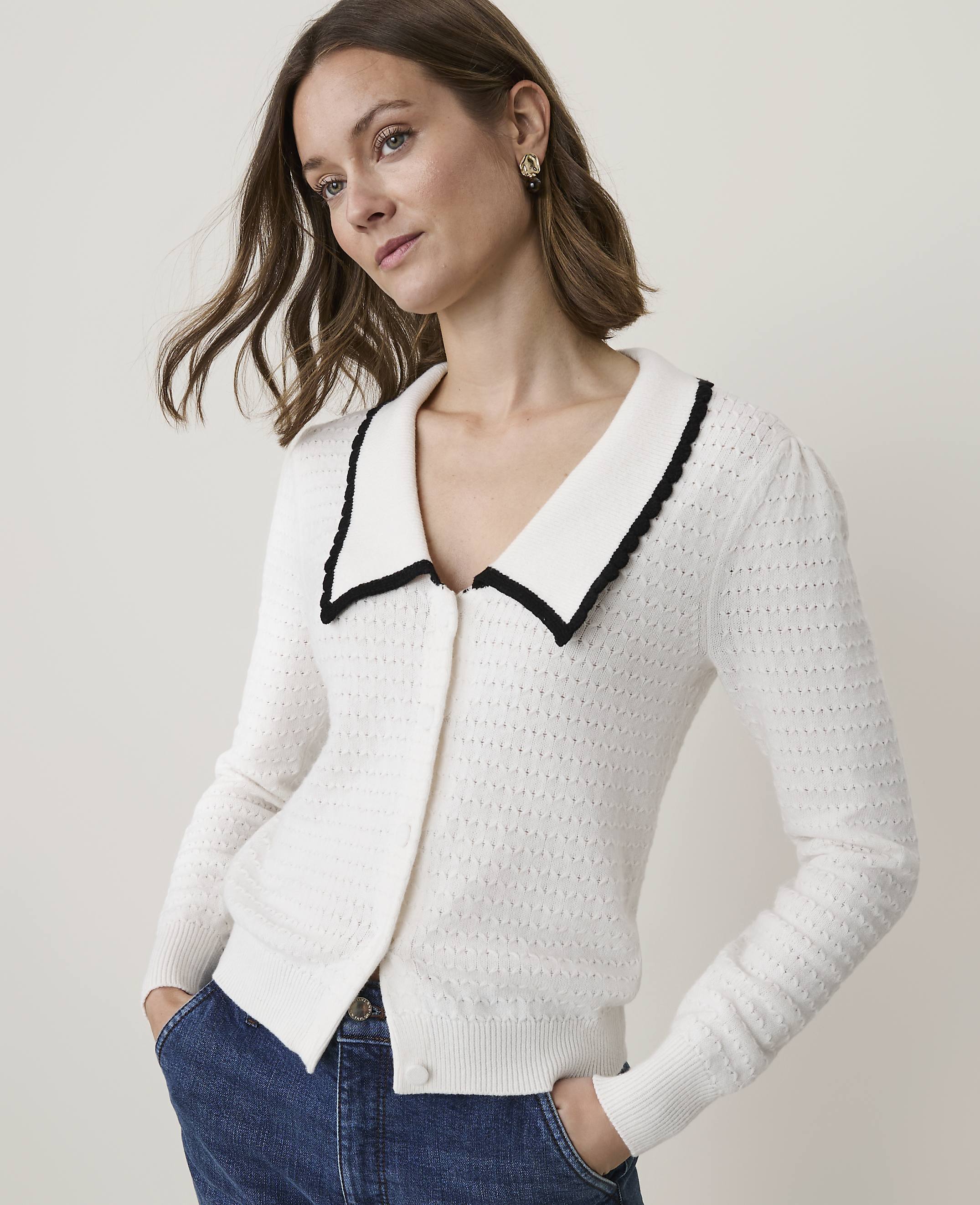Petite Scalloped Sailor Collar Cardigan