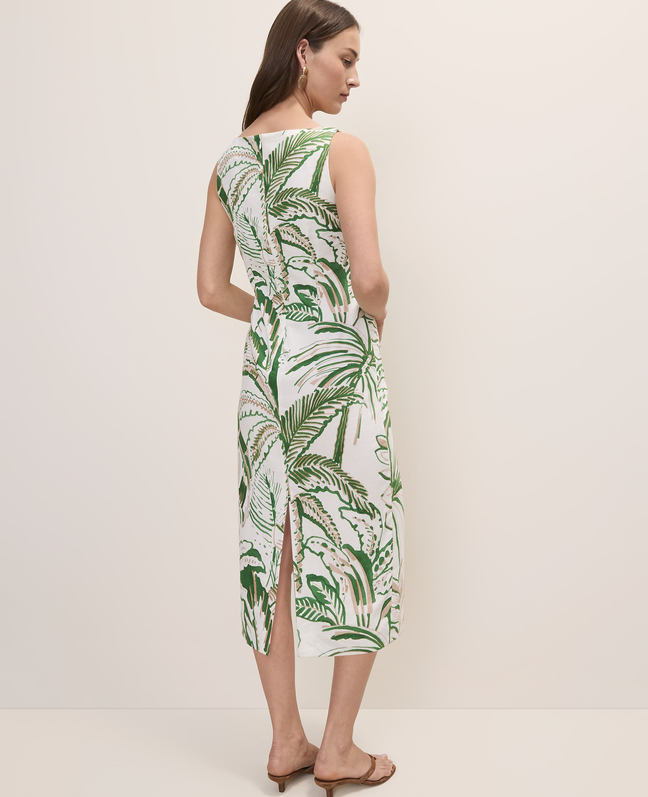 Palm Tree Print Column Midi Dress in Linen Blend - thumbnail 3