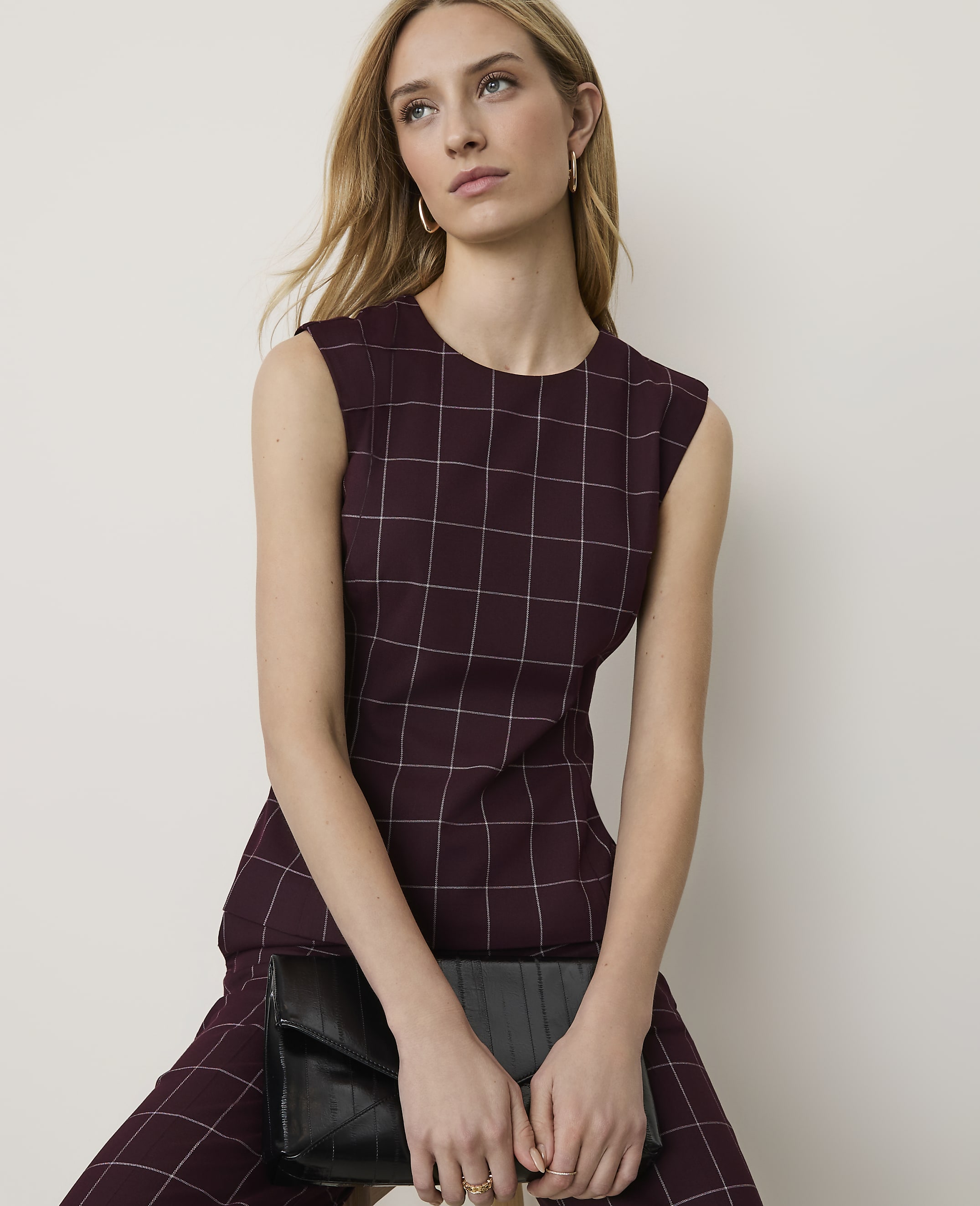 The Petite Windowpane Crew Neck Peplum Top