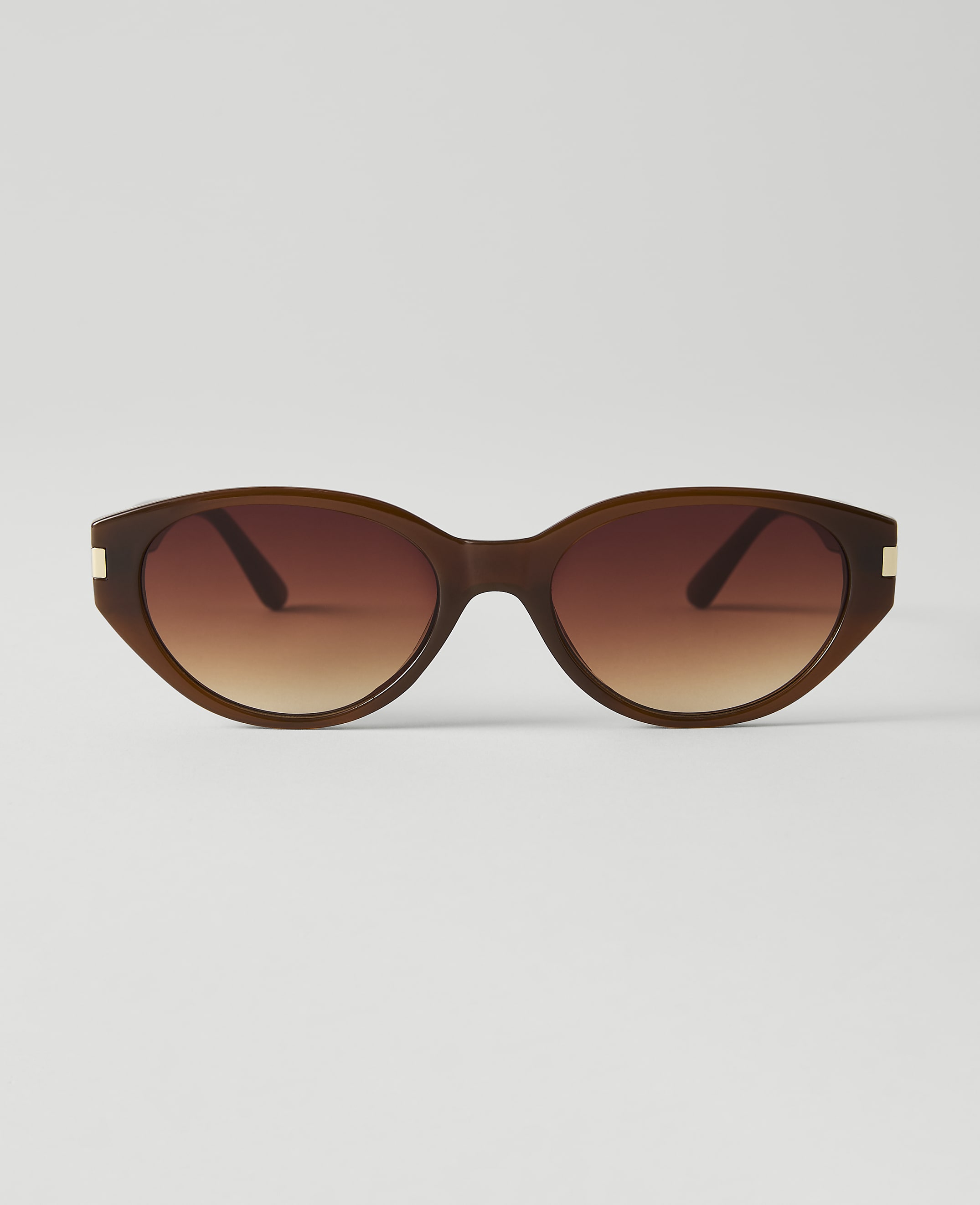 Brown oval sunglasses with gradient lenses are centered against a plain white background.