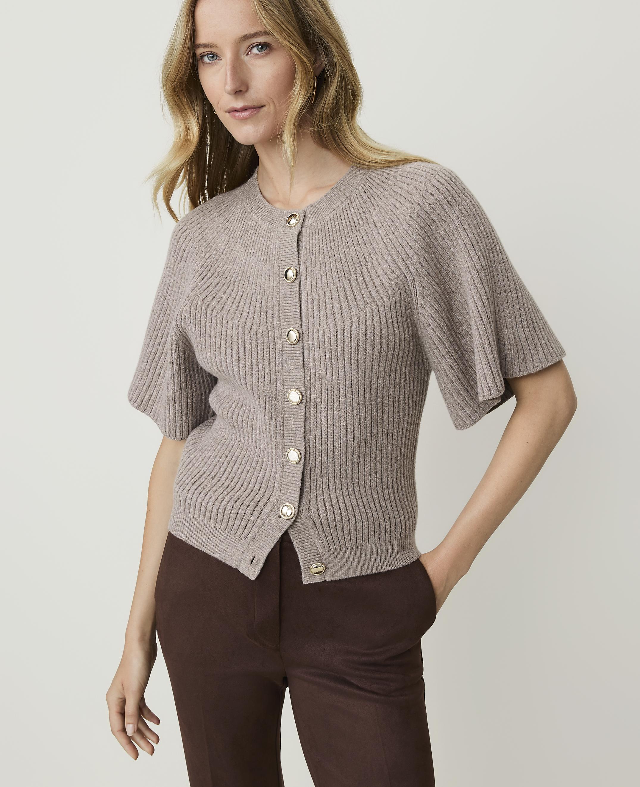 Petite Ribbed Crew Neck Cardigan